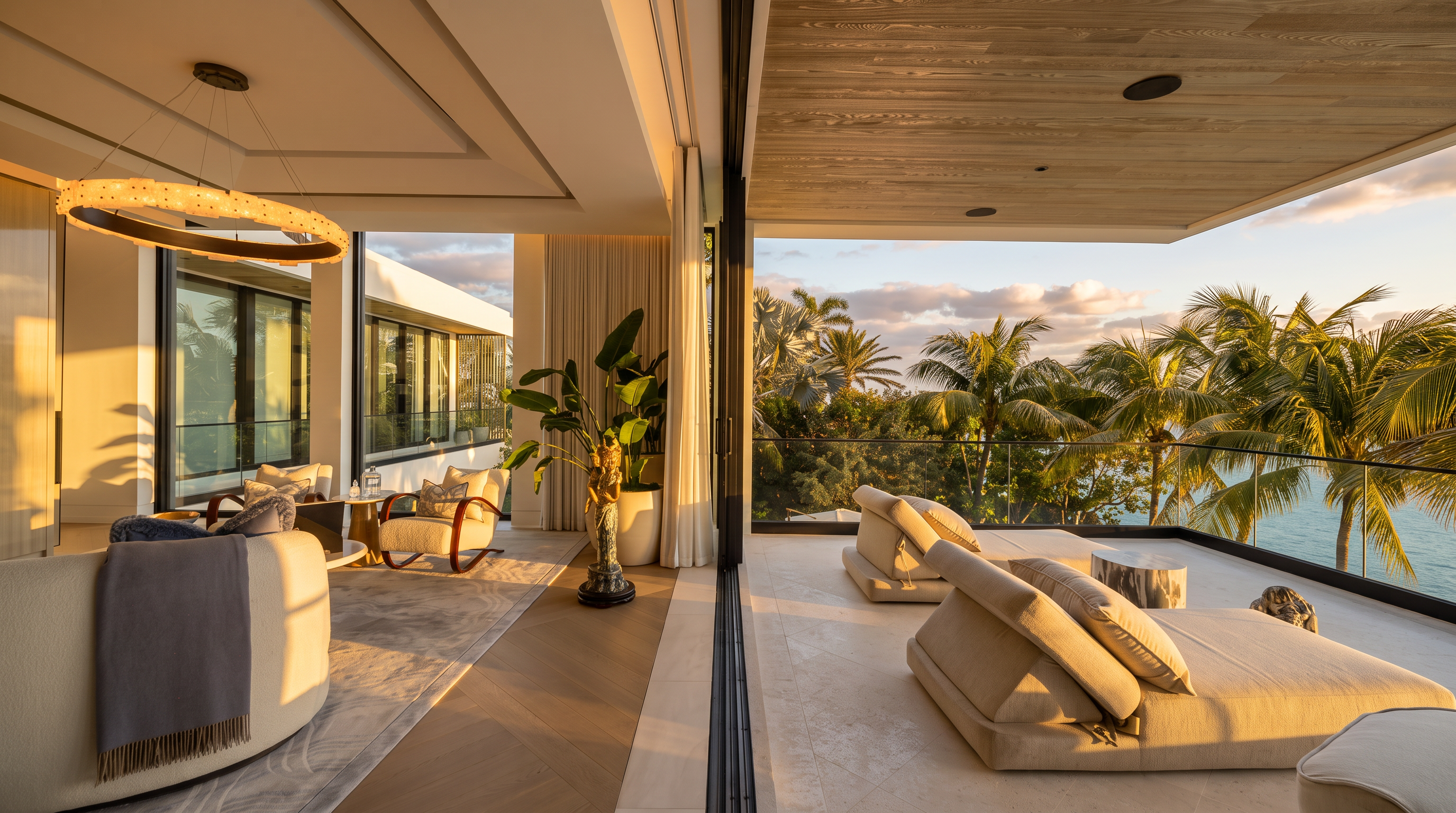 This luxurious living space seamlessly blends indoor and outdoor living through large floor-to-ceiling sliding doors that open to a spacious balcony overlooking the ocean. The interior features contemporary design elements, including a bespoke circular pendant light and plush, modern seating, while the sun-drenched terrace provides an elegant setting for relaxation against a backdrop of lush palm trees and coastal views.