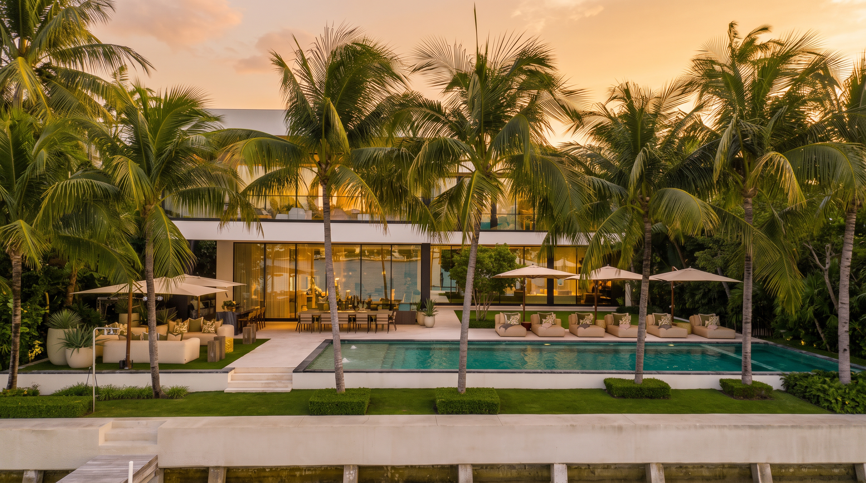This modern, multi-story residence features expansive floor-to-ceiling glass walls that offer a seamless transition between the interior and the outdoor living space. The backyard is highlighted by a rectangular swimming pool, a paved patio area with lounge seating, and several umbrellas, all framed by lush palm trees. The property exudes a luxurious, resort-like atmosphere, perfect for waterfront entertaining.