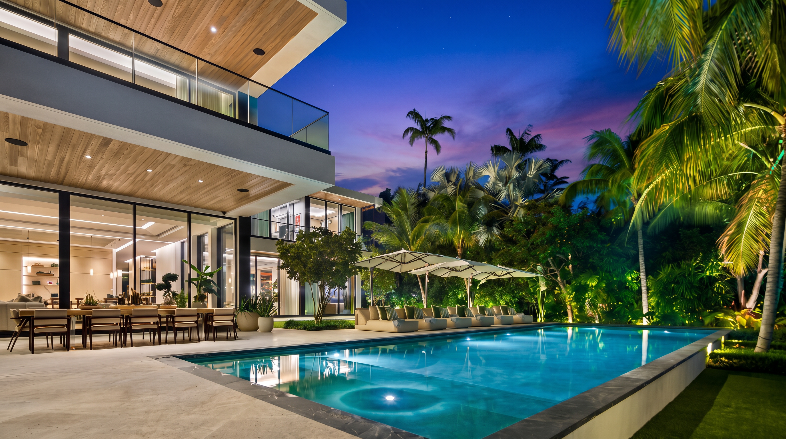 This stunning contemporary residence features a seamless indoor-outdoor living experience with a spacious patio and a large, illuminated swimming pool. The home boasts sleek architecture, wood-paneled ceilings, and expansive floor-to-ceiling glass windows that highlight the lush, tropical landscaping. The evening setting with ambient lighting creates a luxurious, resort-style atmosphere perfect for entertainment.