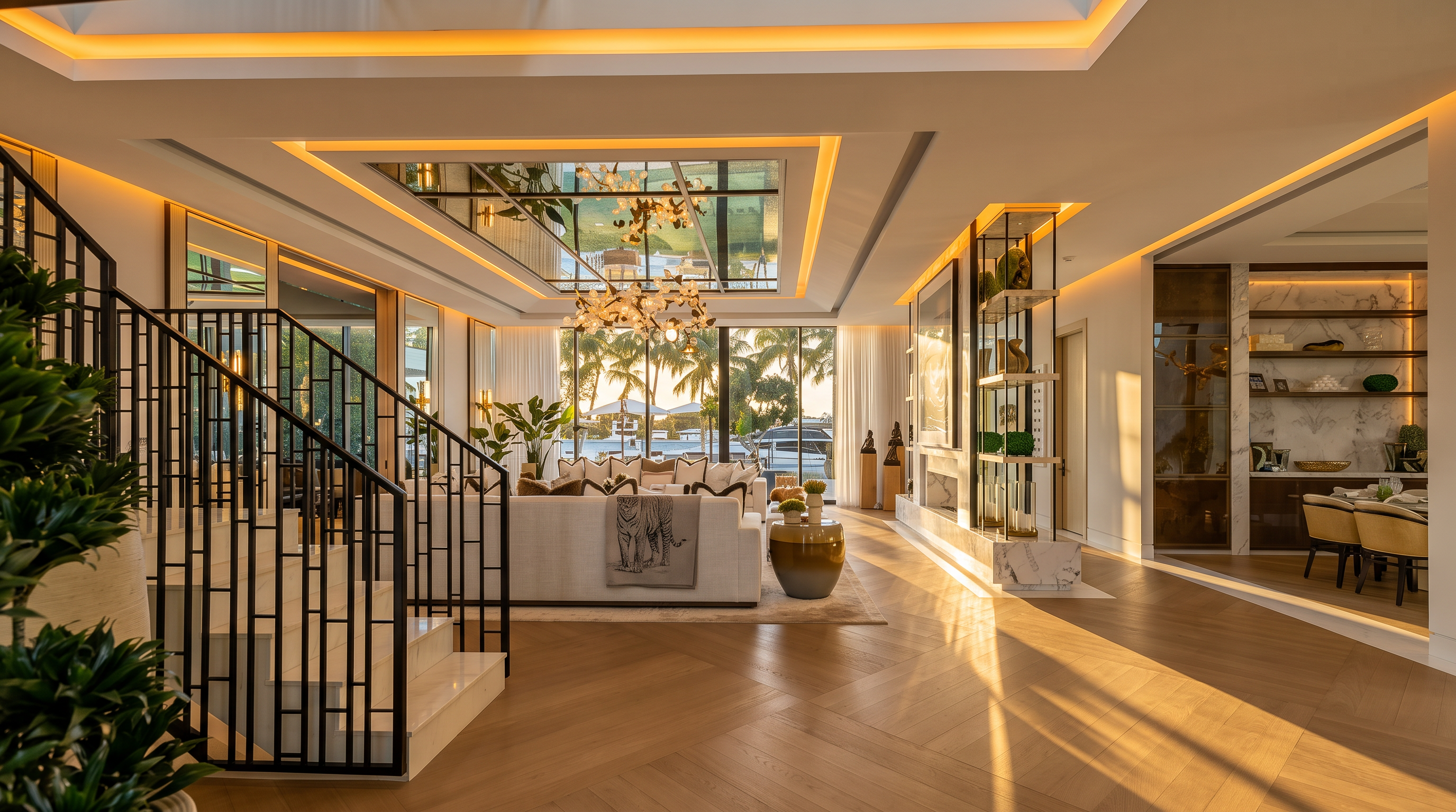 This expansive, open-concept living area features light wood flooring arranged in a herringbone pattern and a striking mirrored ceiling detail above the seating area. A modern staircase with a black metal railing leads to the upper level, while a decorative metal and stone shelving unit serves as a room divider. Large glass doors at the rear provide a clear view of the outdoor landscape, creating a bright and sophisticated atmosphere.