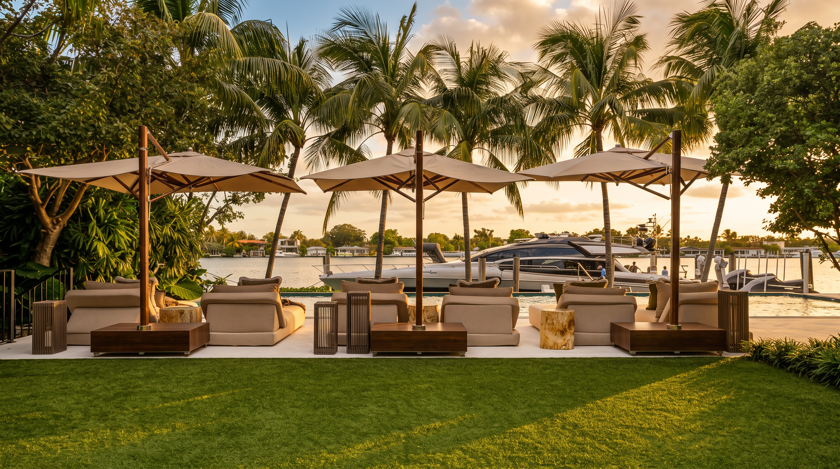 This luxurious outdoor living space features a sleek infinity-edge pool overlooking a tranquil waterfront with a docked yacht. The deck is elegantly appointed with premium cushioned loungers sheltered by sophisticated cantilever umbrellas, creating a serene, resort-style atmosphere. The immaculate manicured lawn and lush surrounding palm trees enhance the property's high-end, tropical aesthetic.
