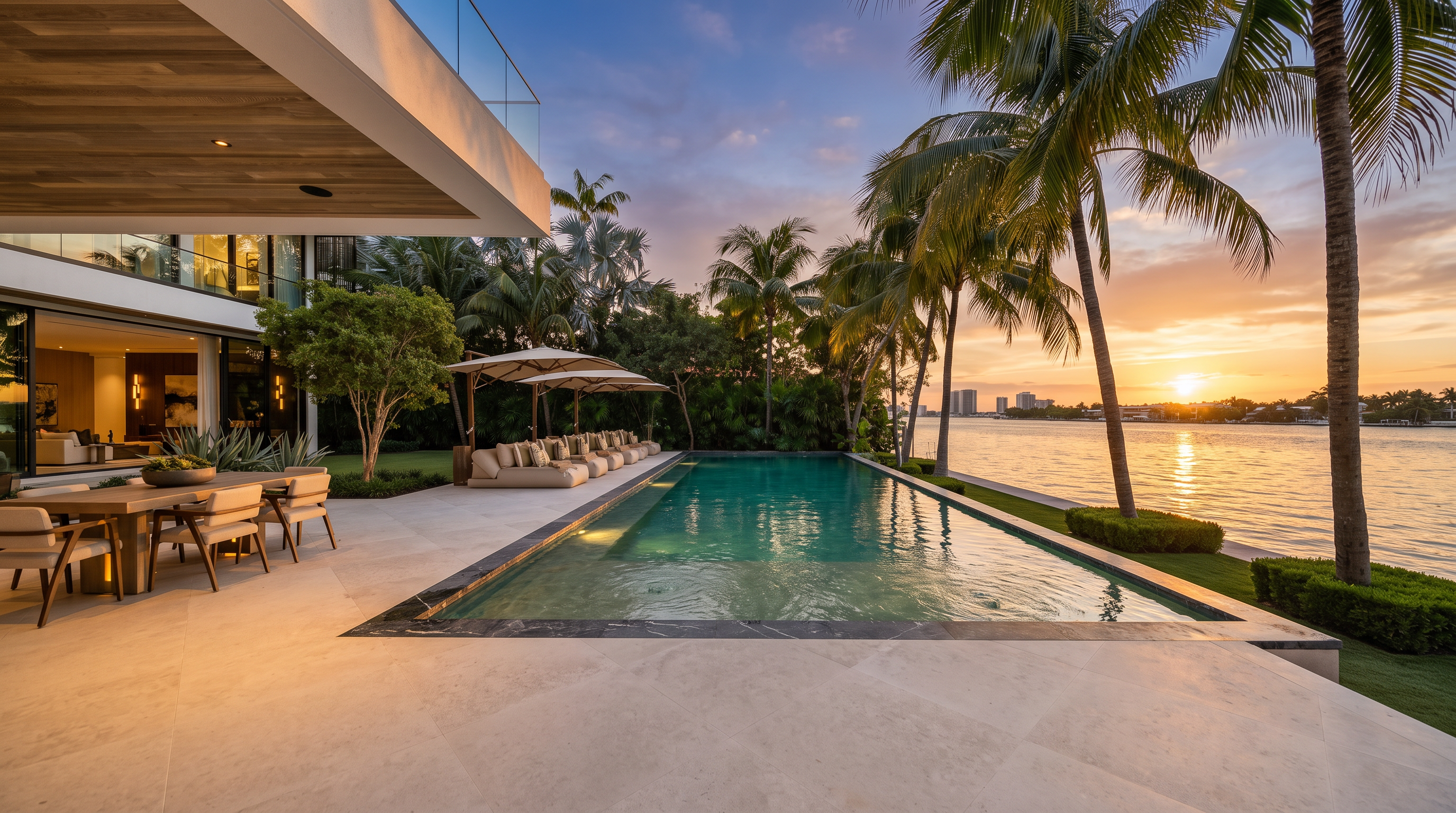 This luxurious waterfront property features a sleek, rectangular infinity-edge pool that seamlessly blends with the adjacent bay. A spacious stone patio provides ample room for lounging under large umbrellas, while mature palm trees and lush landscaping frame the serene water views. The modern architectural design of the home is visible on the left, creating a sophisticated and tranquil outdoor living space.
