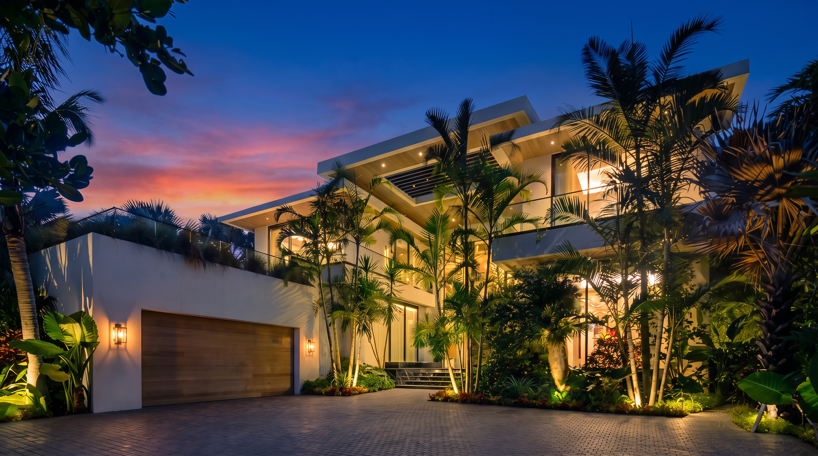 This stunning contemporary residence showcases a modern architectural design with clean lines, a warm wood-paneled garage, and elegant exterior lighting that highlights its sophisticated facade. Lush, mature landscaping and palm trees create a luxurious, tropical oasis feel, while the paved driveway and dramatic sunset sky enhance the property's impressive curb appeal. The two-story structure seamlessly integrates indoor-outdoor living, projecting an atmosphere of exclusivity and refined modern living.