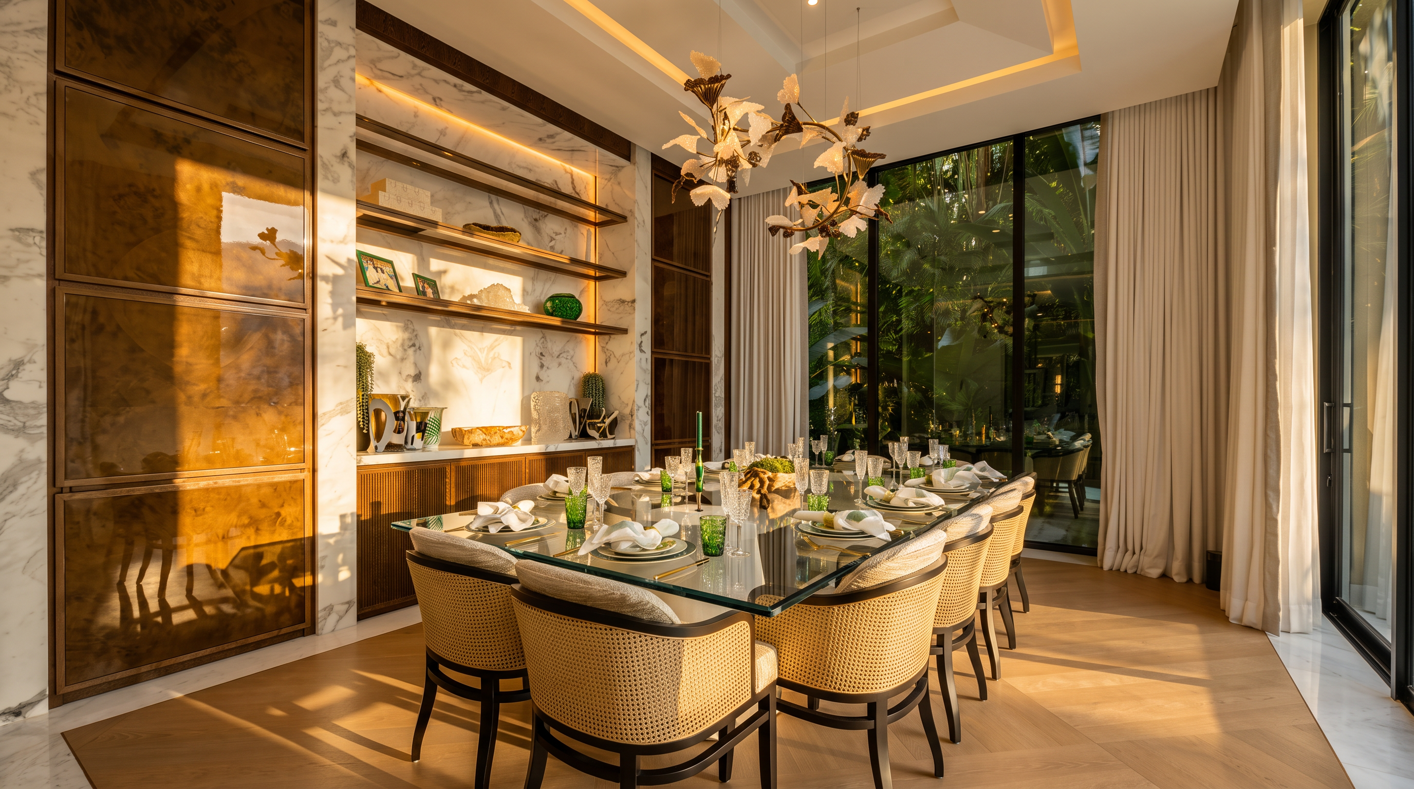 This sophisticated dining room features a contemporary glass-topped table surrounded by elegant cane-backed chairs, set against a stunning backdrop of floor-to-ceiling windows overlooking lush greenery. The room is anchored by a custom wall unit with marble shelving and integrated lighting, perfectly complemented by a warm, modern chandelier. Its blend of high-end materials, including rich wood paneling and marble, creates an inviting and luxurious atmosphere suitable for formal dining.