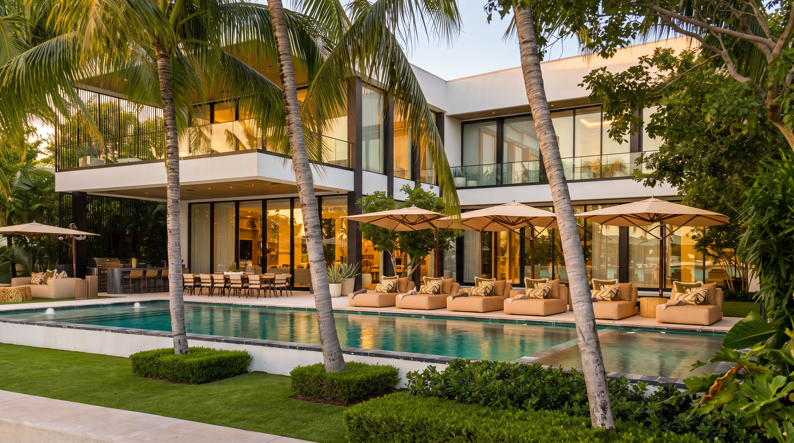 This modern luxury residence features a sprawling rear exterior with a large, rectangular swimming pool as the focal point. The home showcases contemporary architecture with extensive glass walls, multiple balconies, and a seamless transition between indoor and outdoor living spaces. The poolside area is furnished with several lounge chairs under umbrellas and a dining set, all set against a backdrop of lush tropical landscaping and tall palm trees.