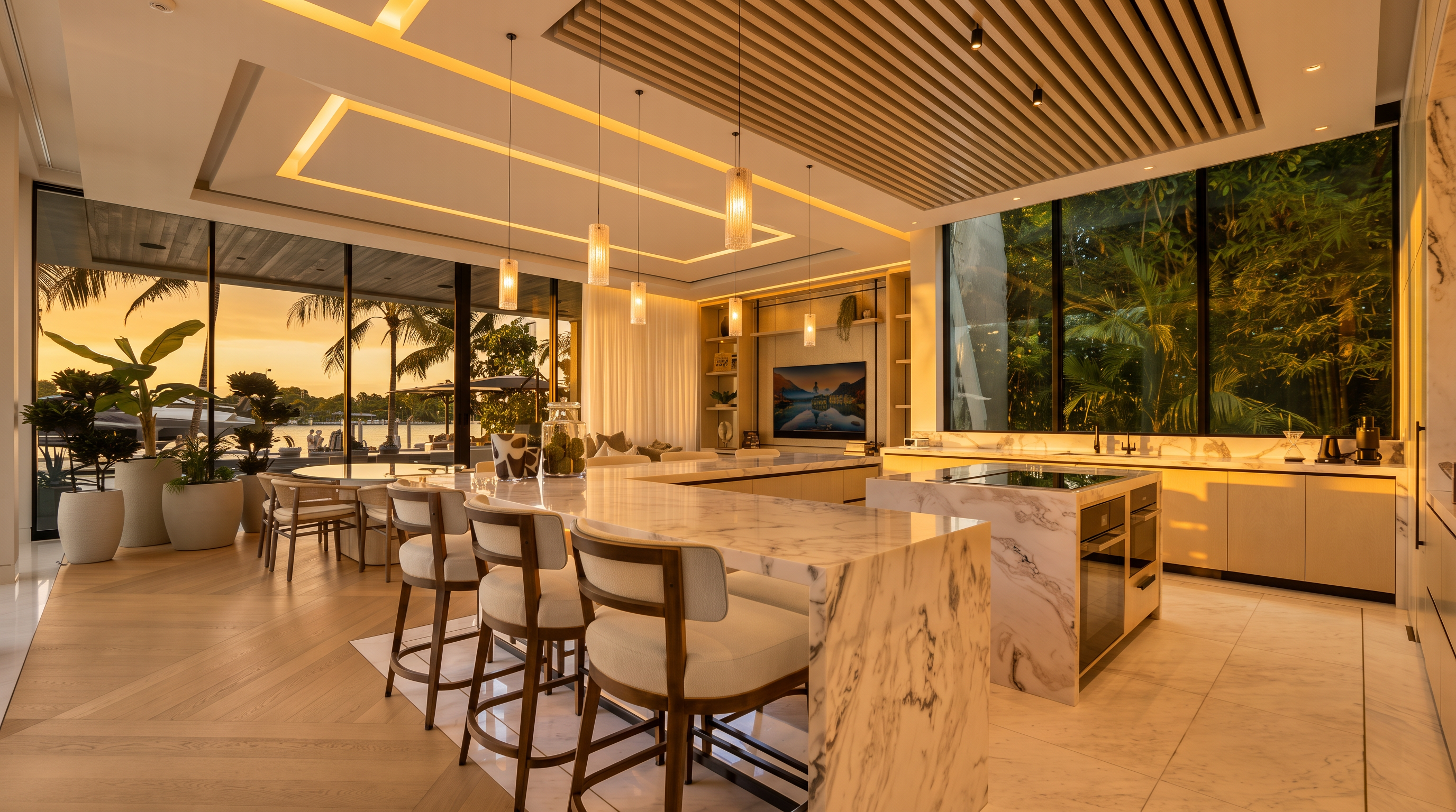 This expansive, modern kitchen features a large, L-shaped stone island with integrated seating, serving as the centerpiece of an open-concept living space. The room is defined by high-end finishes, including light wood flooring, a slatted wood ceiling detail, and floor-to-ceiling windows that provide a seamless transition to the outdoor waterfront view. The space is illuminated by a series of elegant pendant lights and recessed lighting, creating a bright, sophisticated atmosphere perfect for entertaining.