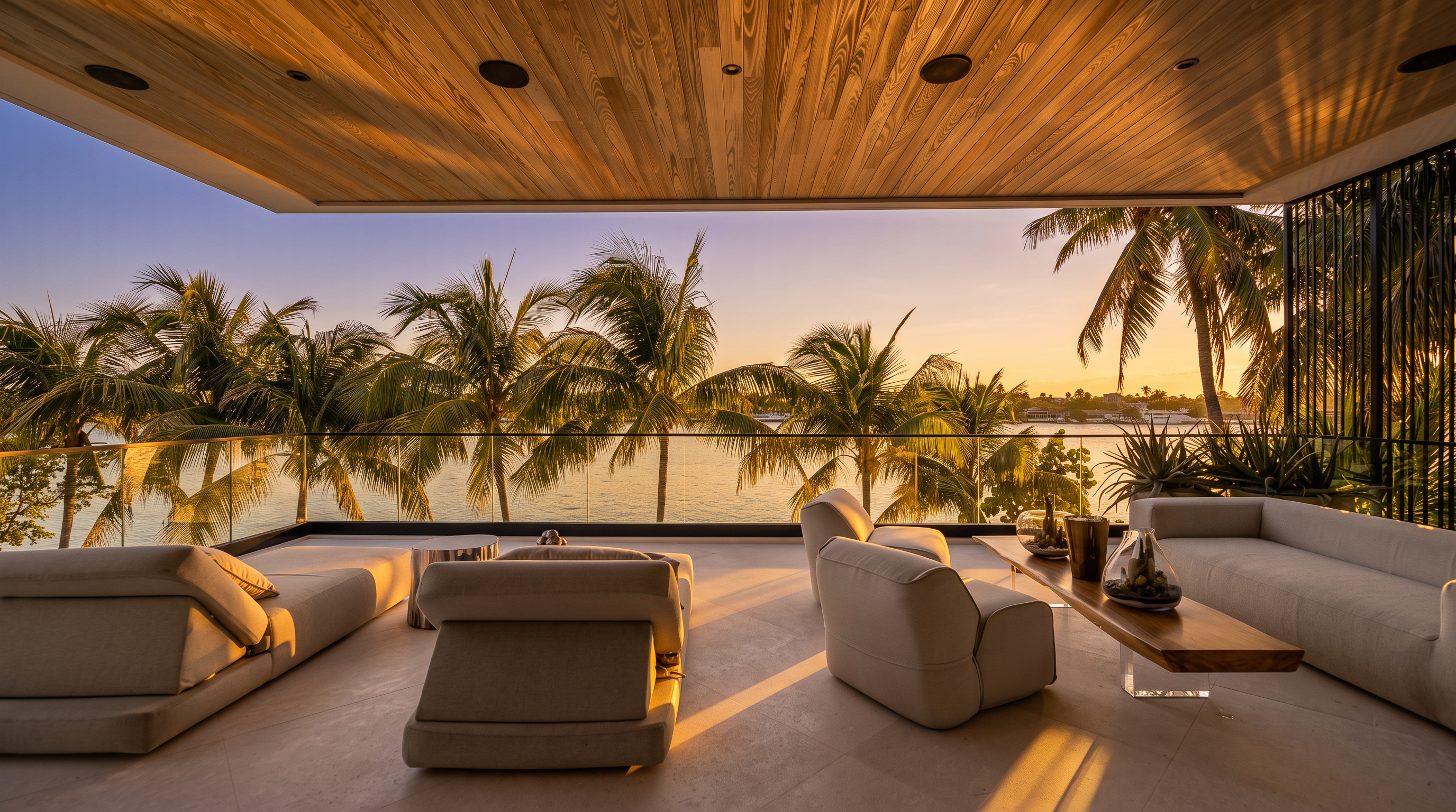 This sophisticated luxury balcony offers a seamless blend of indoor-outdoor living with a panoramic, sunset-lit view of the water and surrounding palm trees. The space is elegantly furnished with comfortable modular lounge seating and a minimalist wooden coffee table, all housed under a warm, rich wood-paneled ceiling. The clean, modern design and expansive glass railing create an inviting atmosphere, perfect for serene evening relaxation.