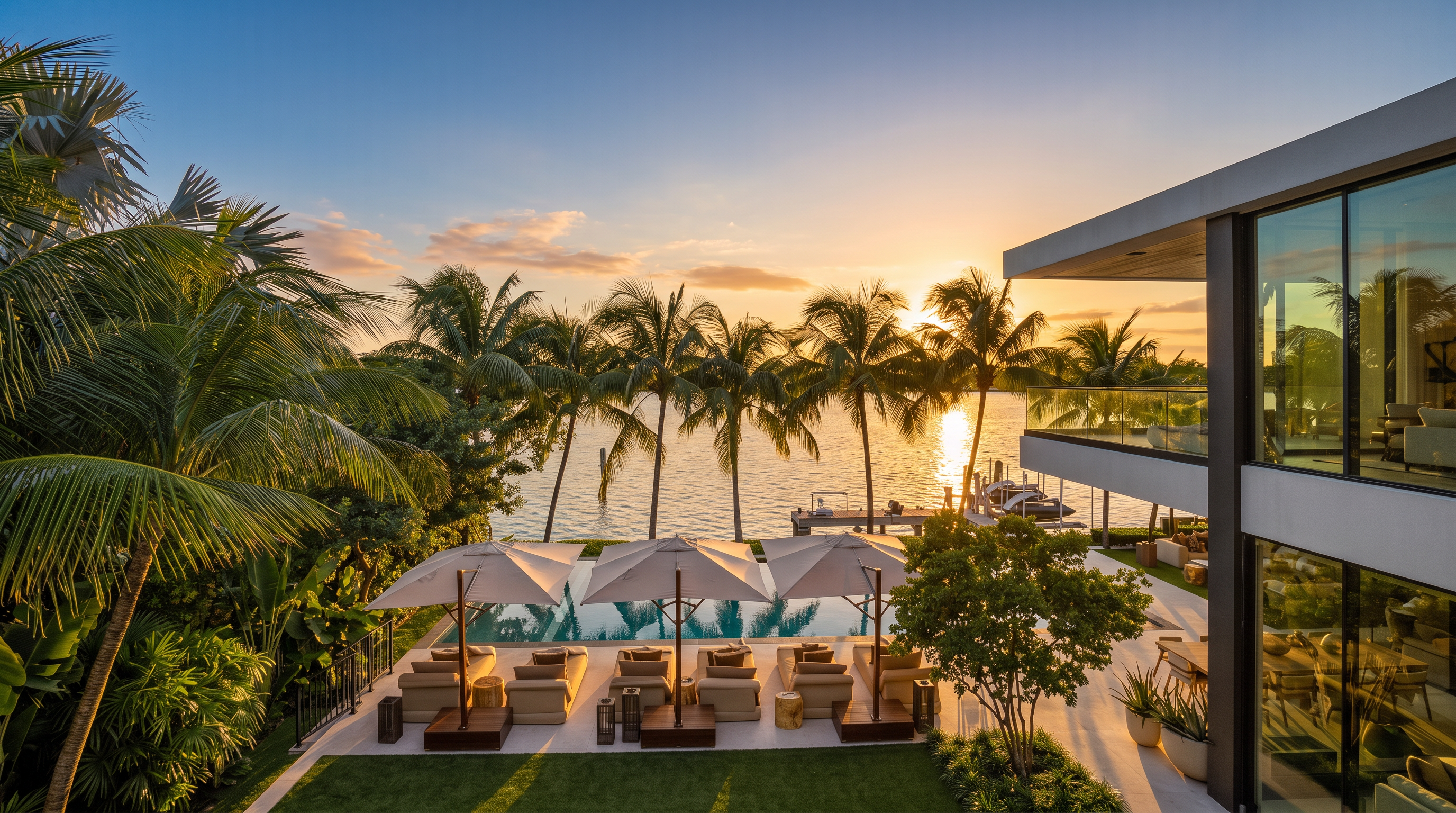 This high-angle shot captures a luxurious waterfront backyard featuring a rectangular swimming pool lined with lounge chairs and large umbrellas. The property boasts a modern architectural design with expansive glass walls, lush tropical landscaping, and a direct view of the calm blue bay. The scene conveys an upscale, resort-like atmosphere perfect for outdoor entertaining.