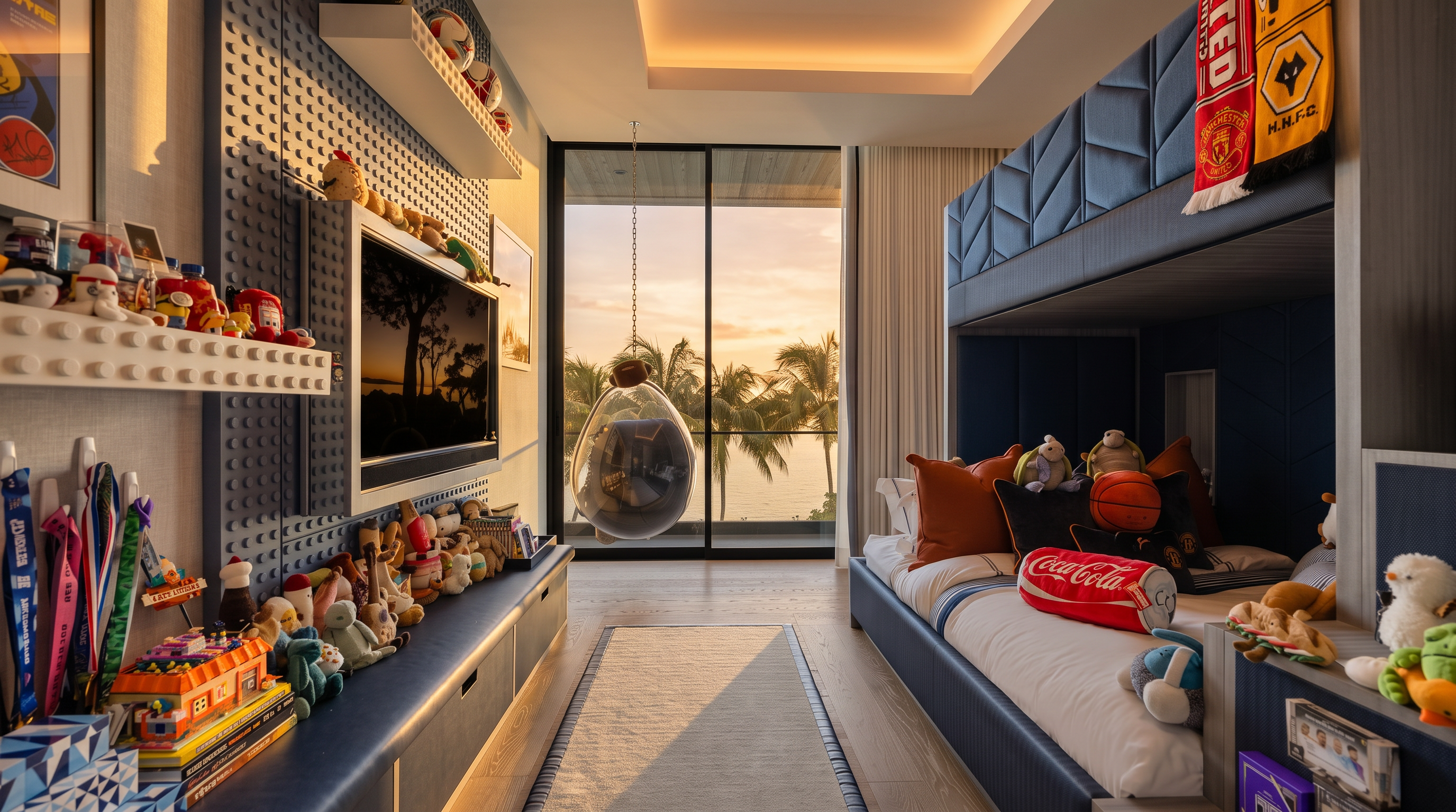 This vibrant, modern child's bedroom features a custom navy blue bunk bed unit and a matching storage console along the opposite wall. The room is decorated with sports-themed memorabilia, plush toys, and a unique hanging bubble chair positioned in front of large windows that provide a clear view of the water and palm trees. The space is well-lit with recessed lighting and offers a playful yet sophisticated atmosphere.