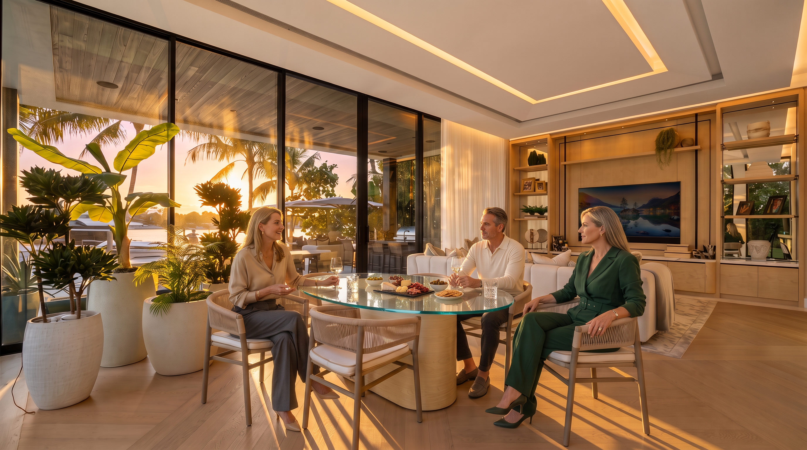 This bright, open-concept living and dining area features light wood flooring in a herringbone pattern and expansive floor-to-ceiling glass walls that provide a seamless transition to the outdoor patio and waterfront view. The space is furnished with a neutral-toned, curved sectional sofa and a glass-topped dining table, complemented by a custom built-in media wall with integrated shelving. Large potted plants add a touch of greenery, enhancing the airy, sophisticated atmosphere of this modern residence.