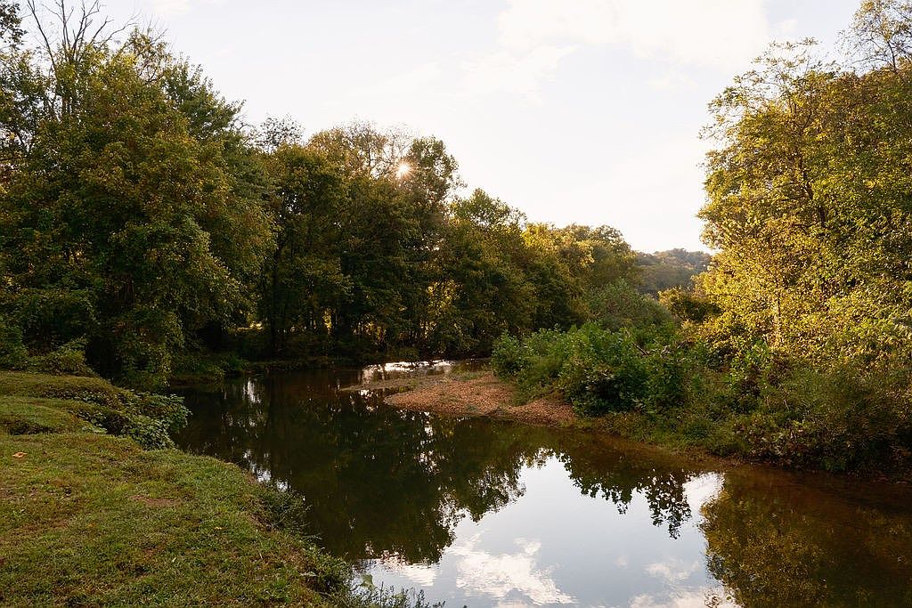 This serene landscape showcases a tranquil river surrounded by lush greenery and mature trees. The water reflects the sky, creating a peaceful and inviting atmosphere. The scene evokes a sense of natural beauty and privacy, making it an appealing feature for a property.