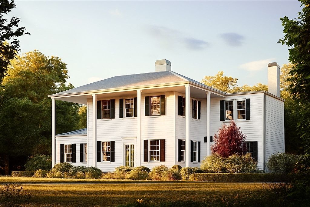 This classic two-story colonial-style home features white horizontal siding, a symmetrical facade, and a prominent covered front porch supported by slender columns. The exterior is accented by dark shutters on the multi-pane windows and a central chimney, all set against a backdrop of mature trees and a manicured lawn. The perspective is a straight-on, eye-level shot that captures the stately, traditional architecture and inviting curb appeal of the property.