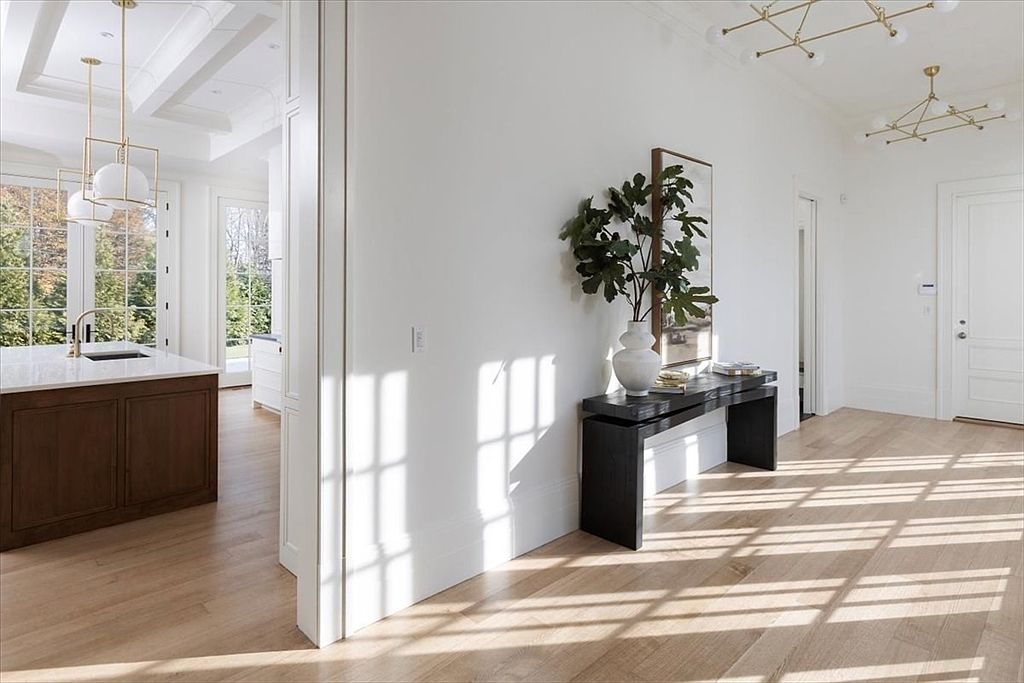 This bright, airy hallway features light wood flooring and crisp white walls, creating a clean and sophisticated aesthetic. A sleek black console table adorned with a decorative vase and greenery sits against the wall, while modern geometric light fixtures hang from the ceiling. The perspective looks from the hallway toward an open-concept kitchen area, emphasizing the seamless flow and natural light streaming through the windows.