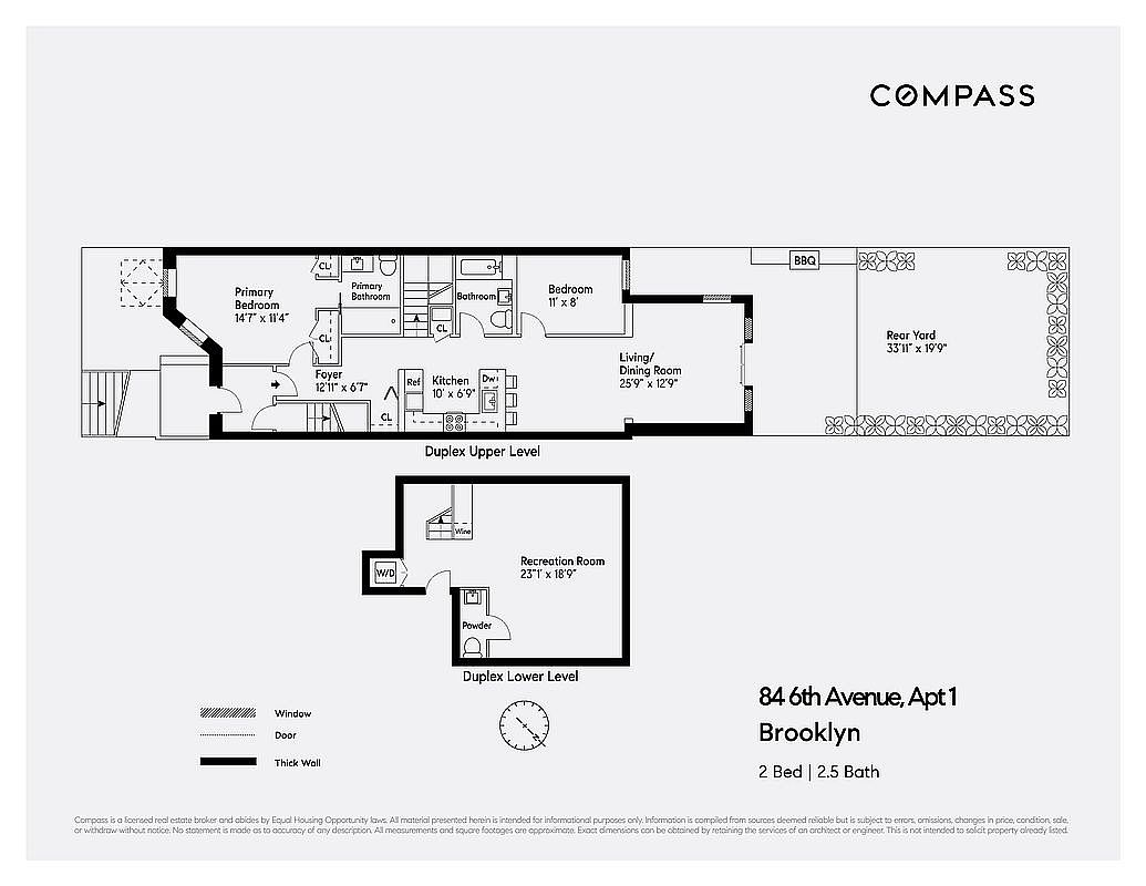 This image showcases a detailed floor plan of a two-level duplex apartment, featuring two bedrooms, two and a half bathrooms, a living/dining room, kitchen, foyer, and a recreation room. The plan also includes a rear yard with a BBQ area, providing a clear layout of the property's dimensions and spatial arrangement, useful for potential buyers to visualize the property's layout.