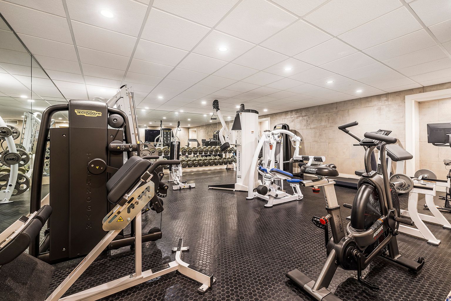 This is a well-equipped home gym featuring various weight machines, free weights, and cardio equipment. The room has a mirrored wall, providing visual depth and allowing for form checks during workouts. The flooring is a durable, non-slip material, and the overall impression is one of a dedicated and functional fitness space.