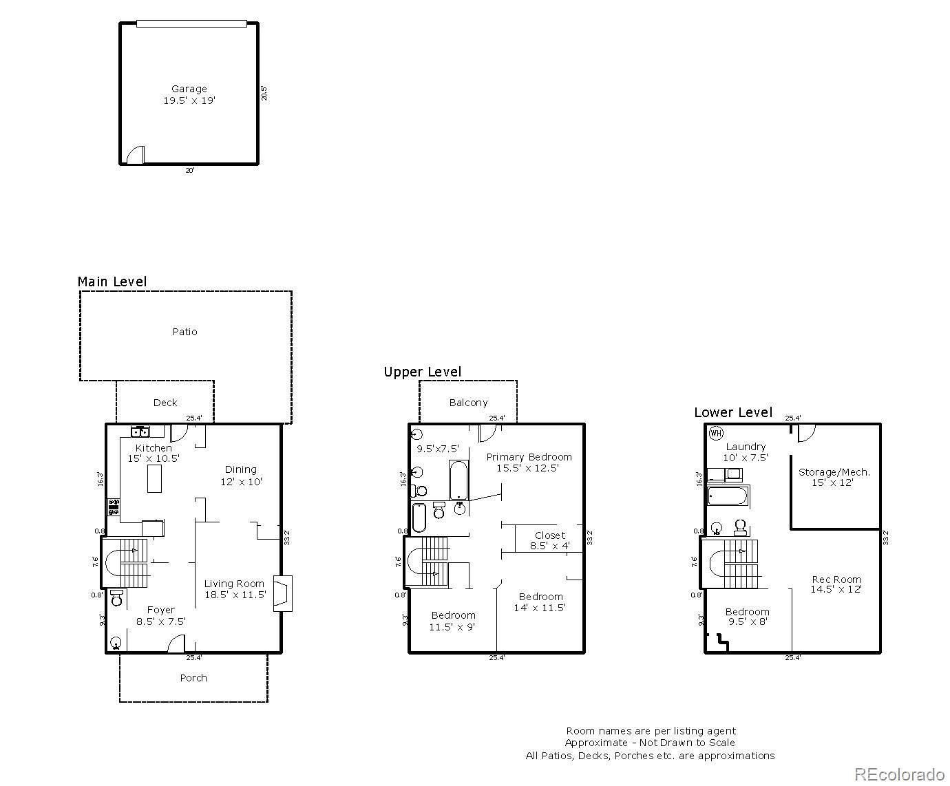 The image presents a detailed floor plan of a multi-level house, including the main level, upper level, and lower level, along with a detached garage. The plan outlines room dimensions and layouts, such as the kitchen, living room, bedrooms, and bathrooms. The style is technical and informative, providing a comprehensive overview of the property's spatial arrangement.