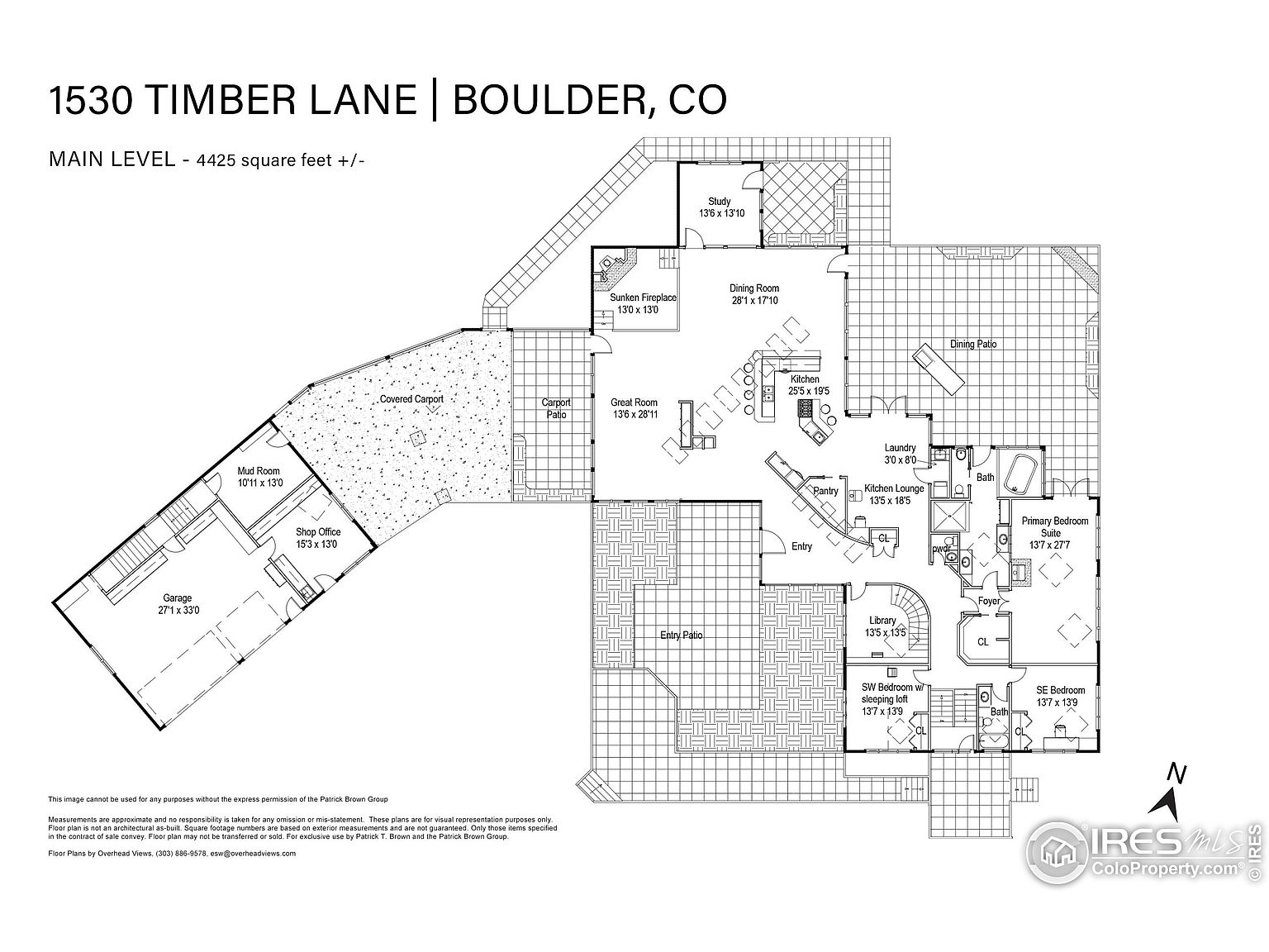 This image showcases a detailed floor plan of a residence located at 1530 Timber Lane in Boulder, CO. The plan outlines the layout of the main level, including the garage, mud room, shop office, study, dining room, kitchen, great room, bedrooms, bathrooms, library, and various patios. The floor plan provides a comprehensive overview of the property's spatial arrangement and dimensions.