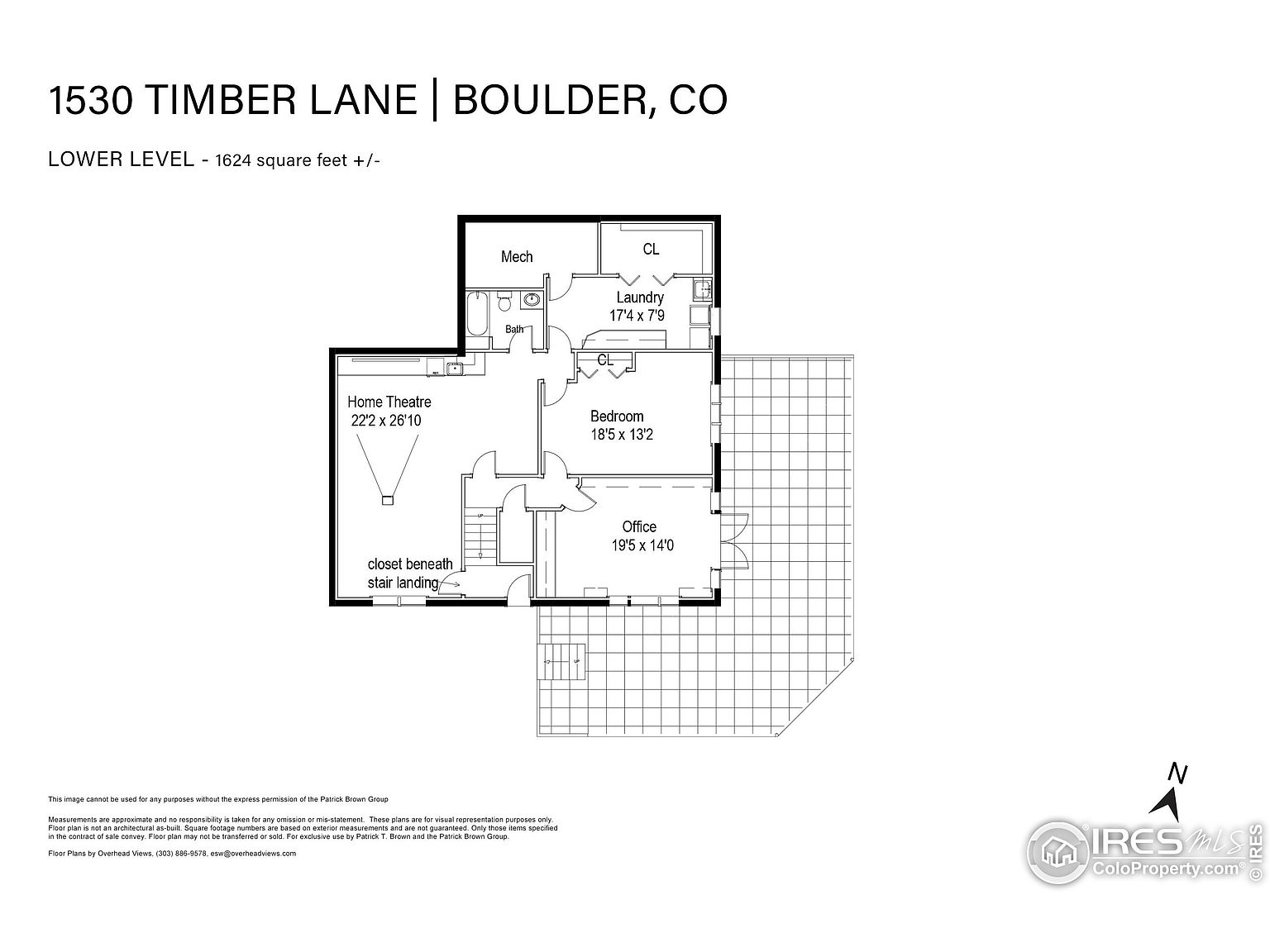 This image showcases a floor plan of a basement level, featuring a home theater, bedroom, office, laundry room, and bathroom. The layout includes dimensions for each room, such as the home theater being 22'2 x 26'10 and the office being 19'5 x 14'0. The plan also indicates the presence of a closet beneath the stair landing and a mech room.