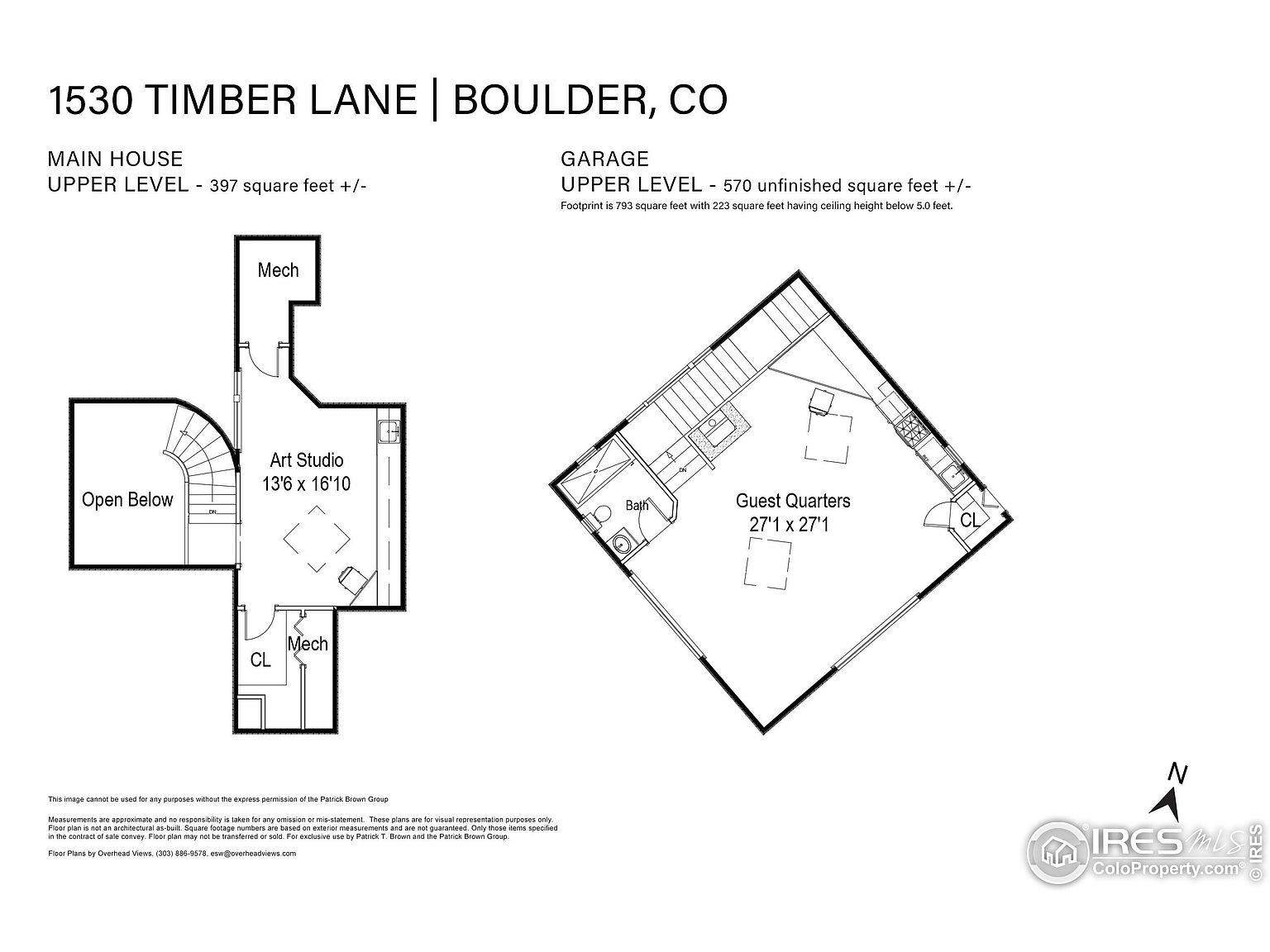 This image presents a detailed floor plan of a property located at 1530 Timber Lane, Boulder, CO. The plan outlines the upper level of the main house, which includes an art studio and an open area, as well as the upper level of the garage, featuring guest quarters and a bathroom. The floor plan provides square footage details for both areas, indicating 397 square feet for the main house's upper level and 570 unfinished square feet for the garage's upper level.