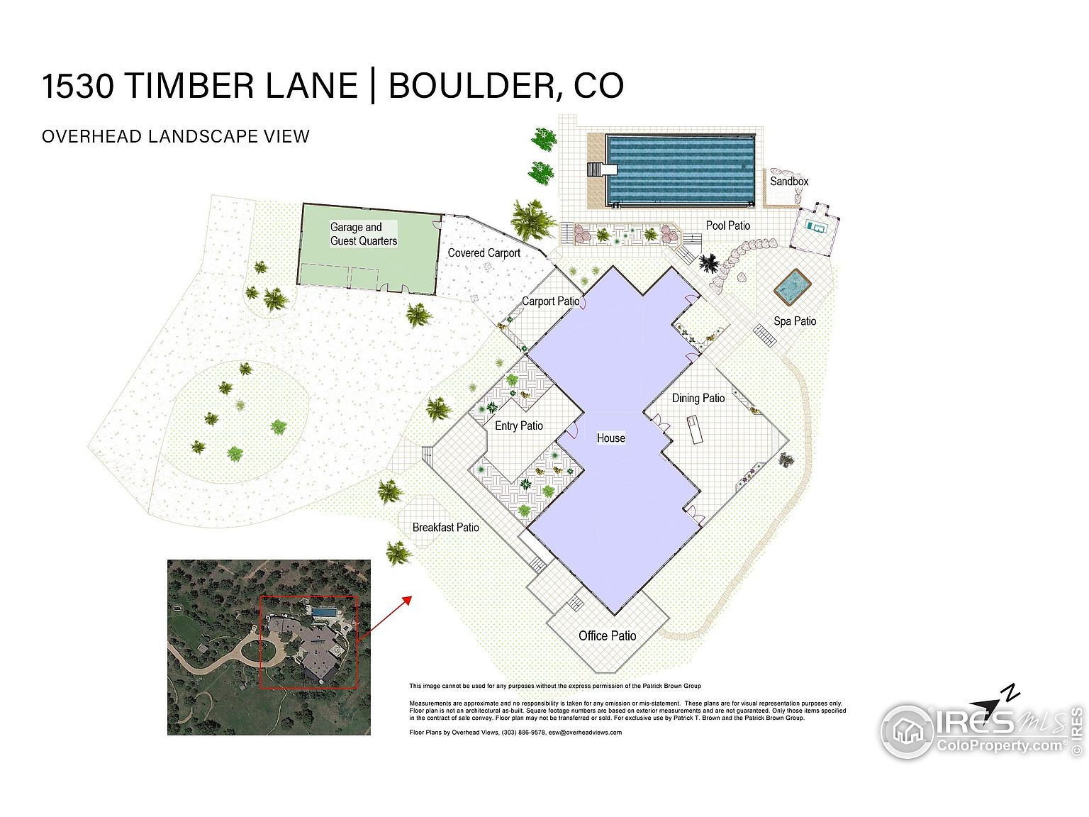This image presents an overhead landscape view of a property located at 1530 Timber Lane in Boulder, CO. The layout includes a house with various patios (breakfast, entry, office, dining, spa, pool), a pool and sandbox area, a garage with guest quarters, and a covered carport. The landscape features trees and greenery, providing a comprehensive overview of the property's outdoor space.