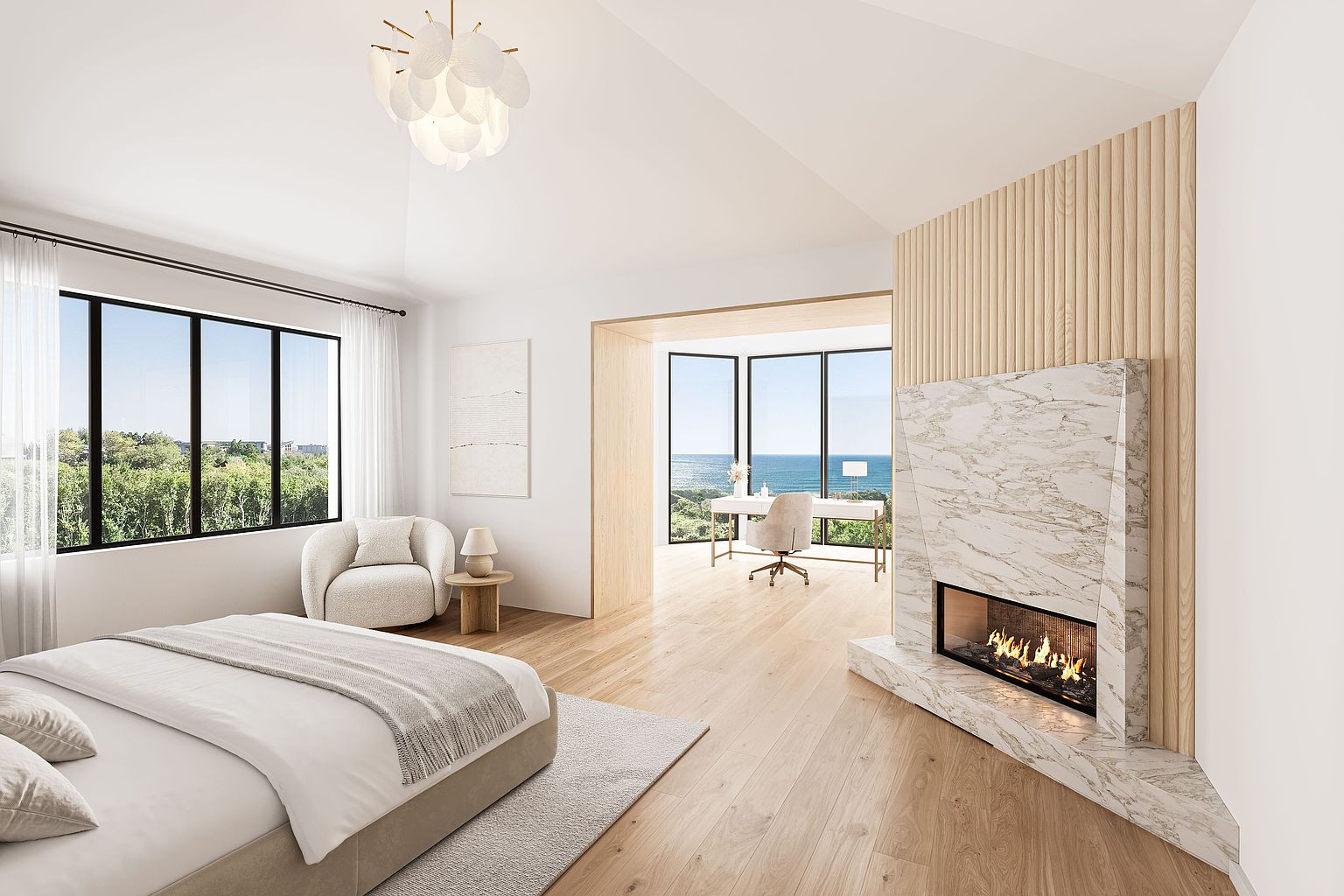 This is a bright and airy primary bedroom featuring a large window with a scenic view, a comfortable armchair, and a king-size bed with neutral linens. The room also includes a modern fireplace with a marble surround and a separate office space with a desk and chair, creating a luxurious and functional retreat. The overall aesthetic is clean, contemporary, and inviting.