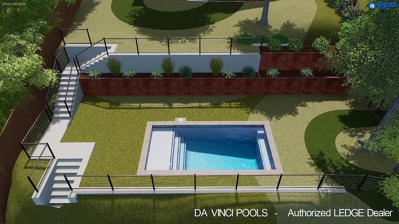 This aerial view showcases a modern backyard featuring a rectangular pool with a built-in ledge and steps. The pool is surrounded by a well-maintained lawn, tiered landscaping with retaining walls, and a sleek black railing. A set of stairs leads from the upper level to the pool area, creating a visually appealing and functional outdoor space.