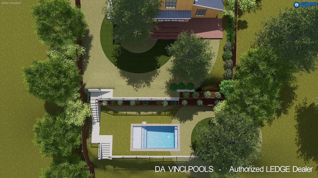 This aerial view showcases a beautifully landscaped backyard featuring a rectangular swimming pool with a light-colored deck, surrounded by lush green grass and mature trees. A modern house with a pergola and well-maintained garden beds adds to the property's appeal. The overall impression is one of tranquility and luxury.