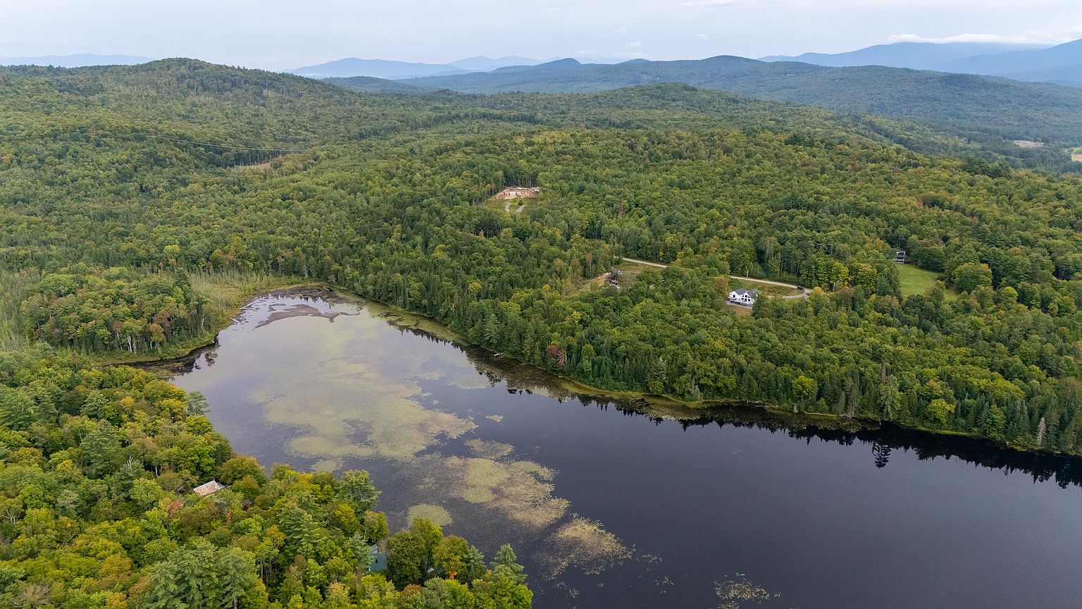 This high-angle aerial view captures a serene, wooded landscape featuring a large, calm lake with lily pads near the shore. Several residential properties are nestled within the dense forest, connected by winding roads that traverse the hilly terrain. The background showcases rolling mountains under a soft, overcast sky, emphasizing the property's secluded and natural setting.