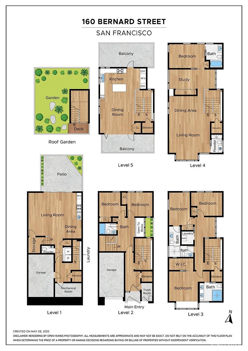 This image presents a comprehensive multi-level floor plan for 160 Bernard Street in San Francisco, detailing the layout from Level 1 through Level 5, including a roof garden. The schematic illustrates the spatial arrangement of bedrooms, living areas, kitchens, bathrooms, and utility spaces across the various floors. It serves as a clear architectural guide, highlighting the vertical connectivity of the home through stairs and an elevator.