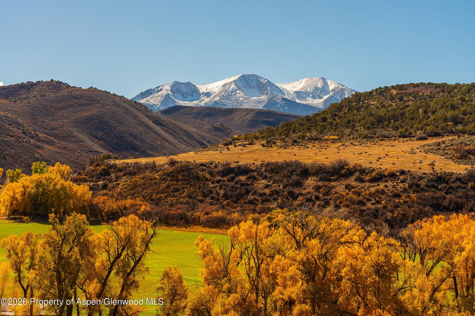 This scenic landscape view captures a vast, rolling meadow in the foreground, framed by vibrant autumn-colored trees with golden foliage. In the distance, majestic, snow-capped mountain peaks rise against a clear blue sky, creating a dramatic and serene backdrop. The perspective is elevated, offering a sweeping, cinematic vista of the natural terrain and seasonal beauty of the property's surroundings.