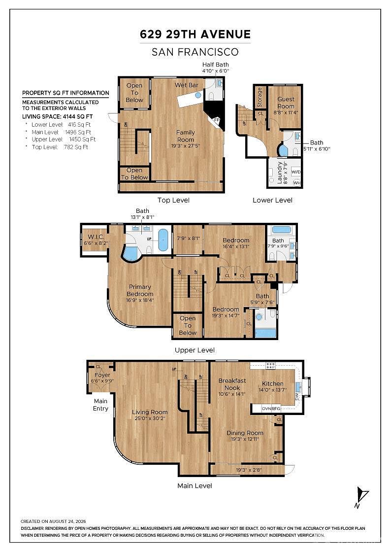 This image is a comprehensive architectural floor plan for a multi-level residence located at 629 29th Avenue in San Francisco. The diagram illustrates the layout of the lower, main, upper, and top levels, detailing the placement of bedrooms, bathrooms, living areas, and utility spaces. It provides a clear, top-down technical perspective of the home's spatial configuration and total square footage.