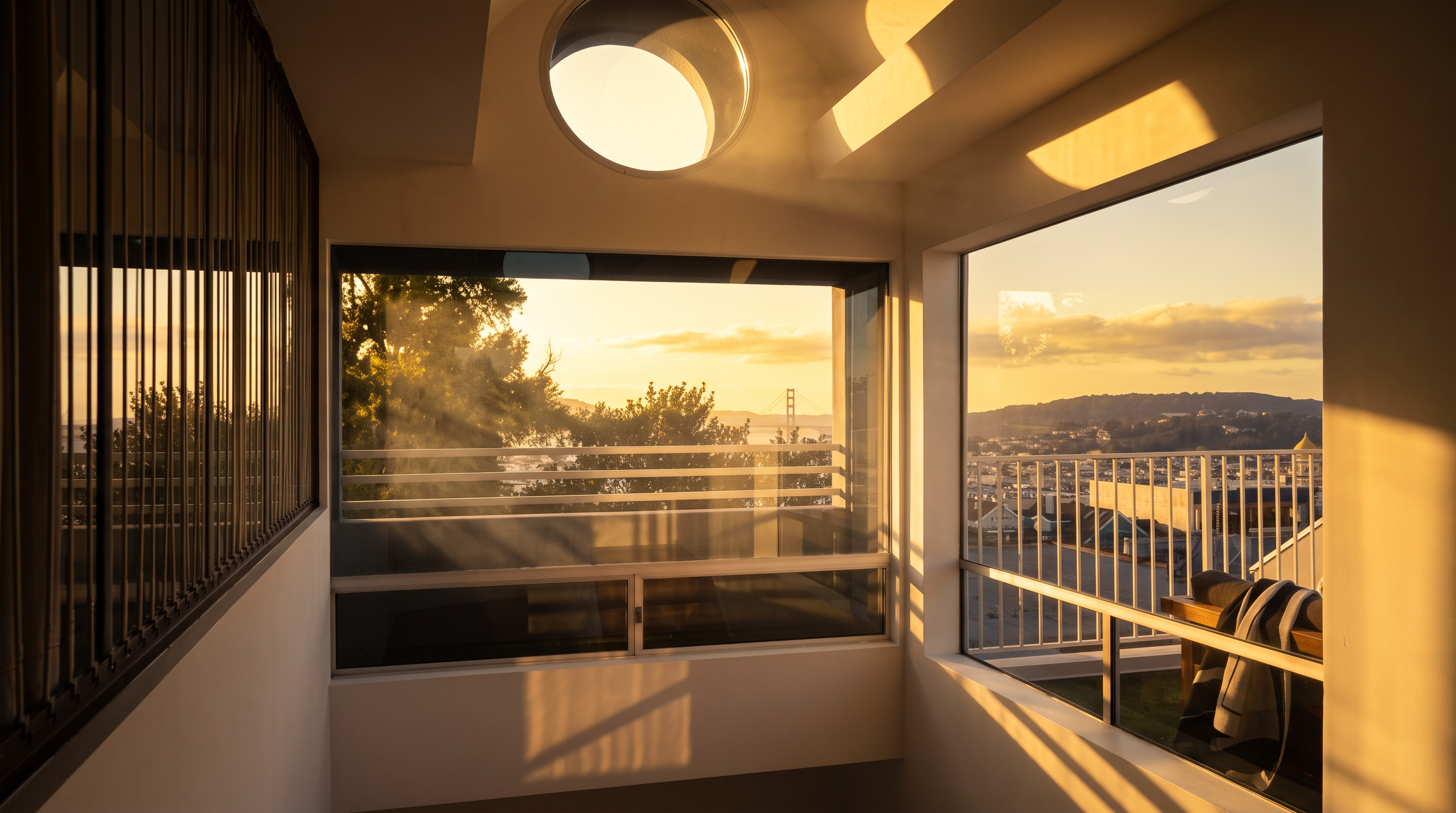 This interior space features a dramatic, multi-level perspective looking out through large windows that frame a stunning sunset view of the Golden Gate Bridge and the surrounding cityscape. The area includes a unique circular window near the ceiling and a staircase with a decorative metal railing, creating an airy and architectural atmosphere. The clean white walls and expansive glass emphasize the home's connection to the iconic outdoor scenery.