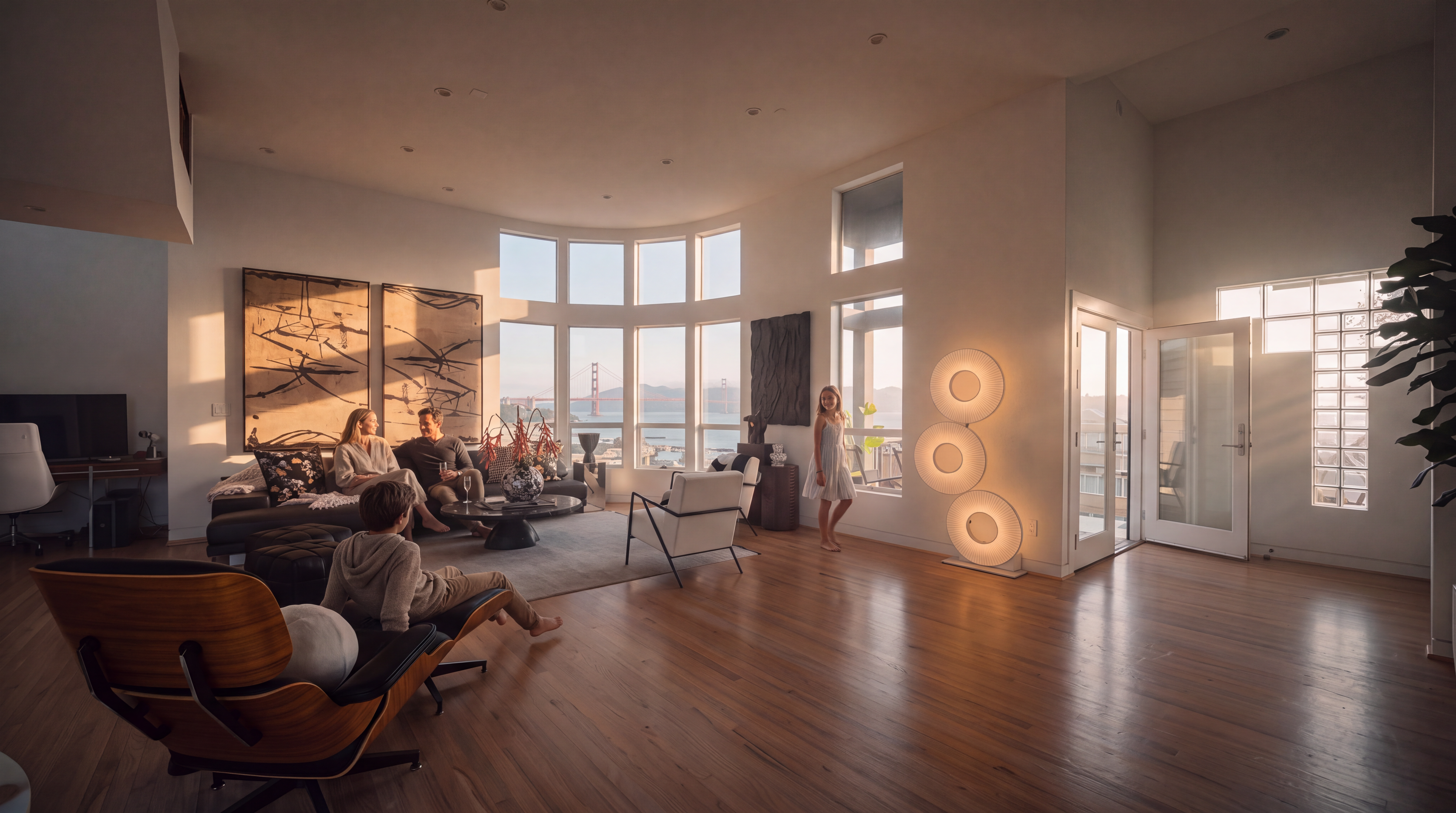 This expansive, light-filled living room features high ceilings and light wood flooring, creating an airy and modern atmosphere. The space is anchored by a large dark leather sectional, a classic lounge chair with an ottoman, and a unique sculptural floor lamp. Large windows and a glass block wall allow for abundant natural light, while two large abstract art pieces add a sophisticated focal point to the room.
