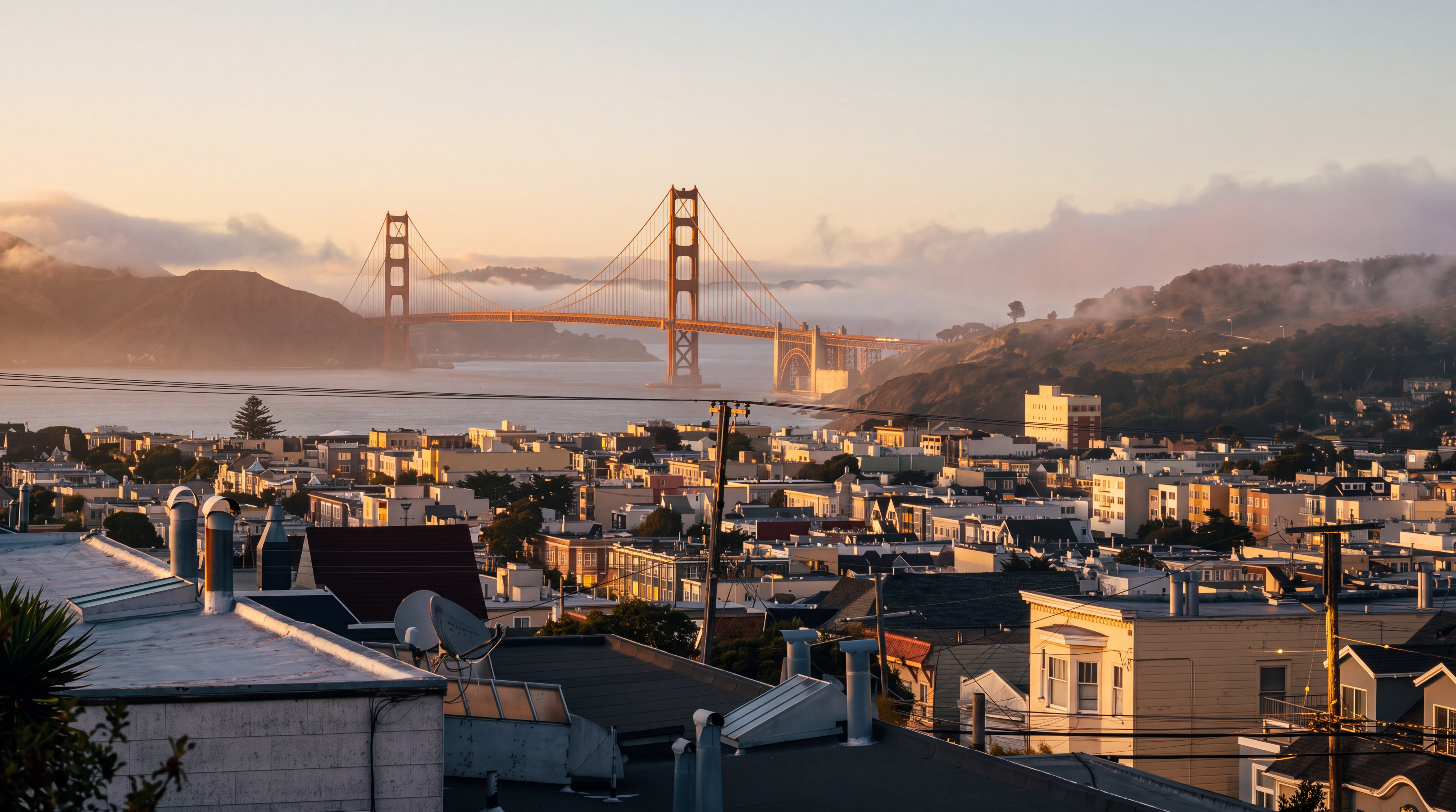 This elevated, wide-angle view captures a stunning cityscape of San Francisco at dusk, featuring the iconic Golden Gate Bridge as the focal point. The foreground showcases the rooftops of residential buildings, providing a sense of the neighborhood's density and character. The soft, twilight sky transitions from deep blue to warm hues, creating a serene and picturesque atmosphere that highlights the property's prime location.