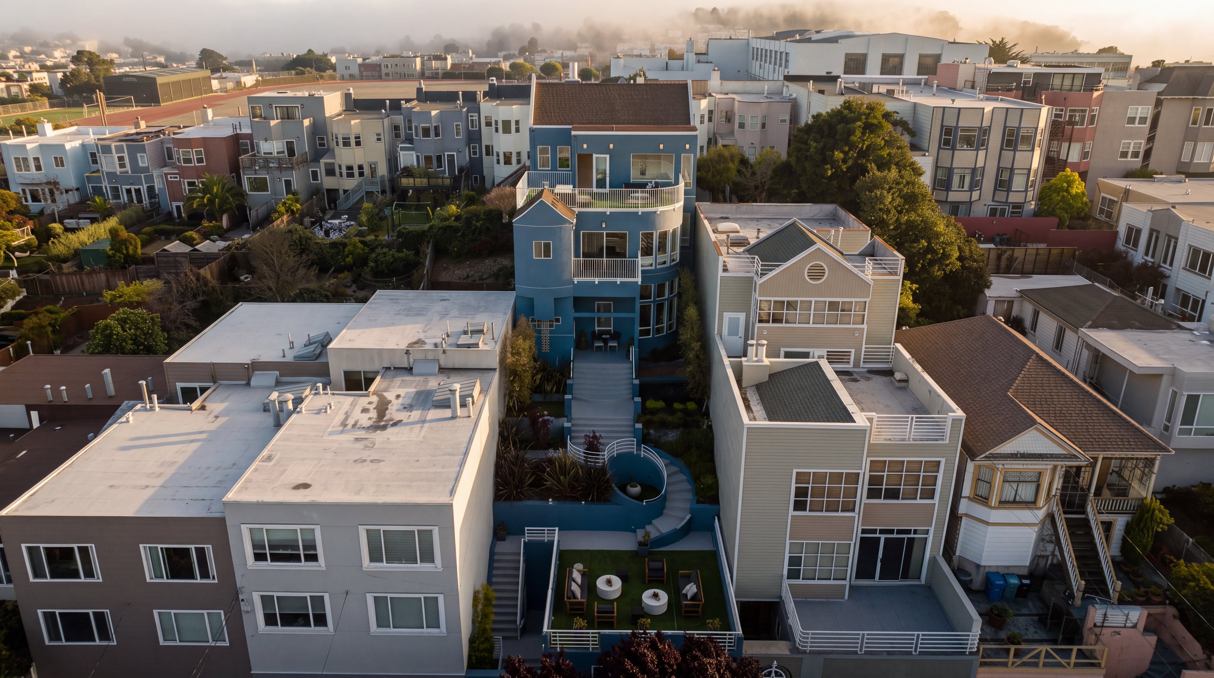 This high-angle aerial view captures a unique, multi-level blue residence nestled within a dense urban neighborhood. The property features a series of terraced outdoor spaces, including a rooftop deck, a mid-level balcony, and a landscaped garden area with a curved staircase leading down to a lower patio with artificial turf. The surrounding architecture consists of closely packed multi-story homes, highlighting the property's distinct vertical design and private outdoor amenities.