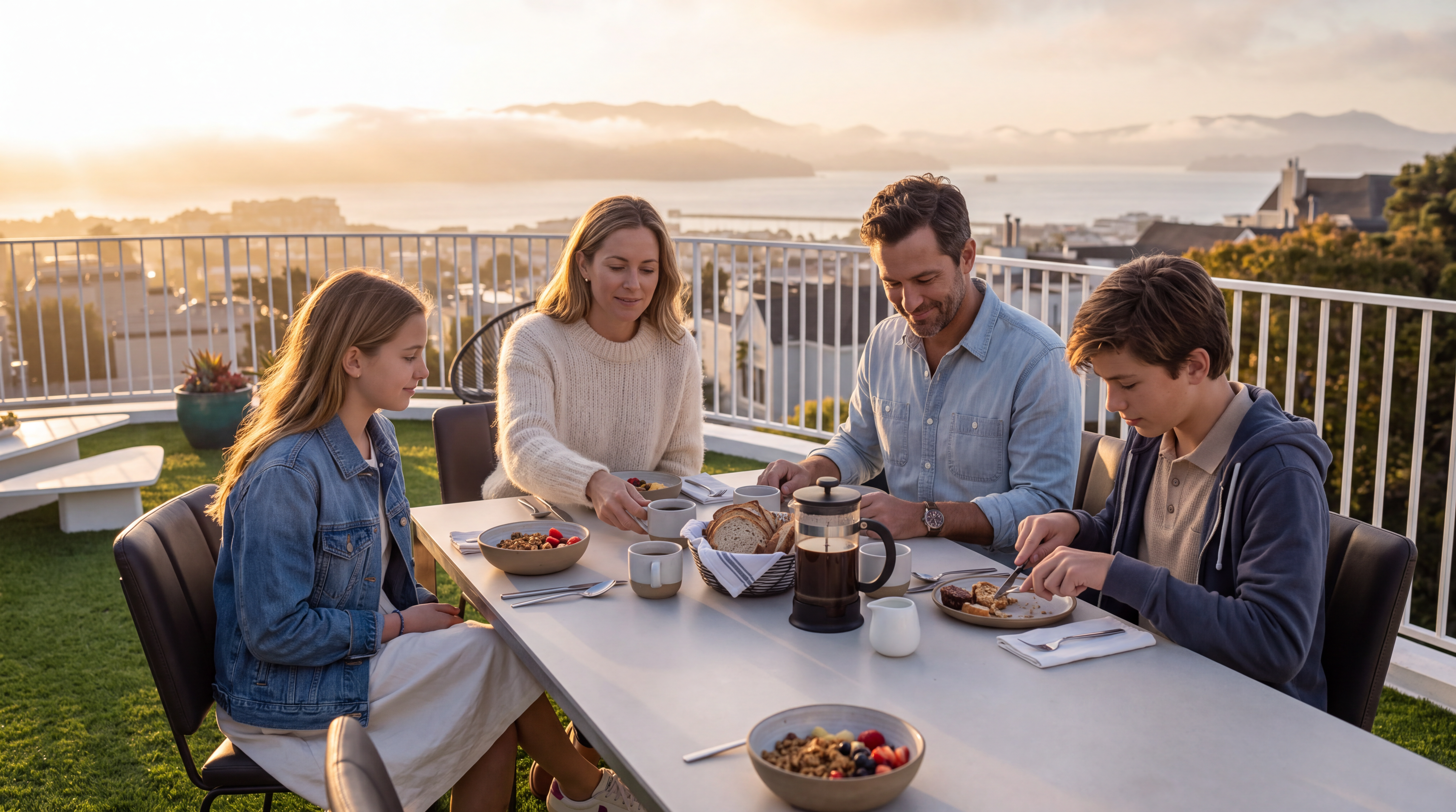 This elevated rooftop deck features synthetic turf flooring and is furnished with a modern dining set and a comfortable outdoor sofa. The space is enclosed by a white metal railing and offers expansive views of the surrounding cityscape and bay. The blue exterior of the home provides a vibrant backdrop, creating an inviting and functional outdoor living area.