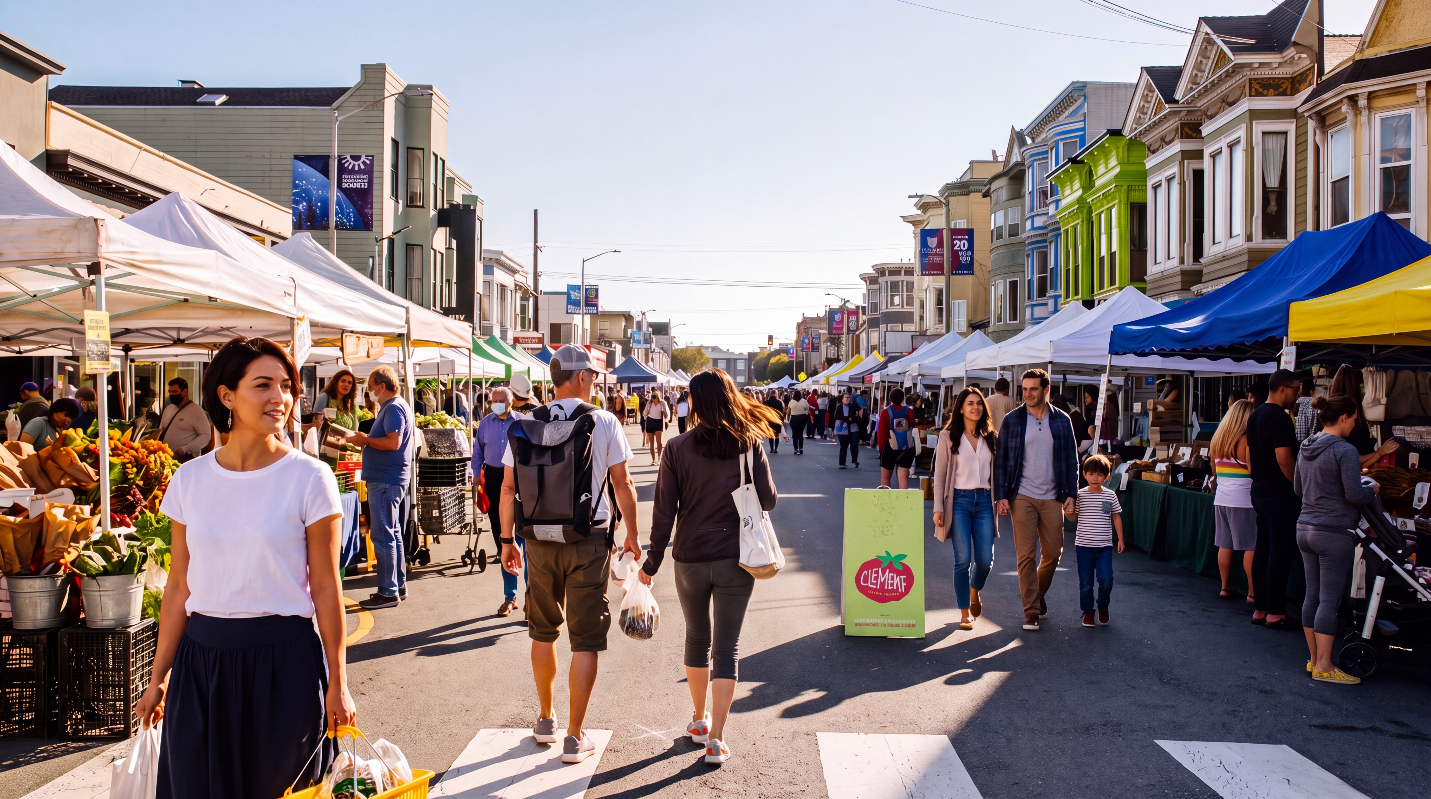 This image depicts a vibrant, bustling outdoor farmers market taking place on a city street lined with historic Victorian-style townhouses. The scene features multiple vendor tents, pedestrians walking through the area, and a lively, community-oriented atmosphere. The setting highlights the walkability and local charm of this urban neighborhood, making it an appealing feature for prospective residents.