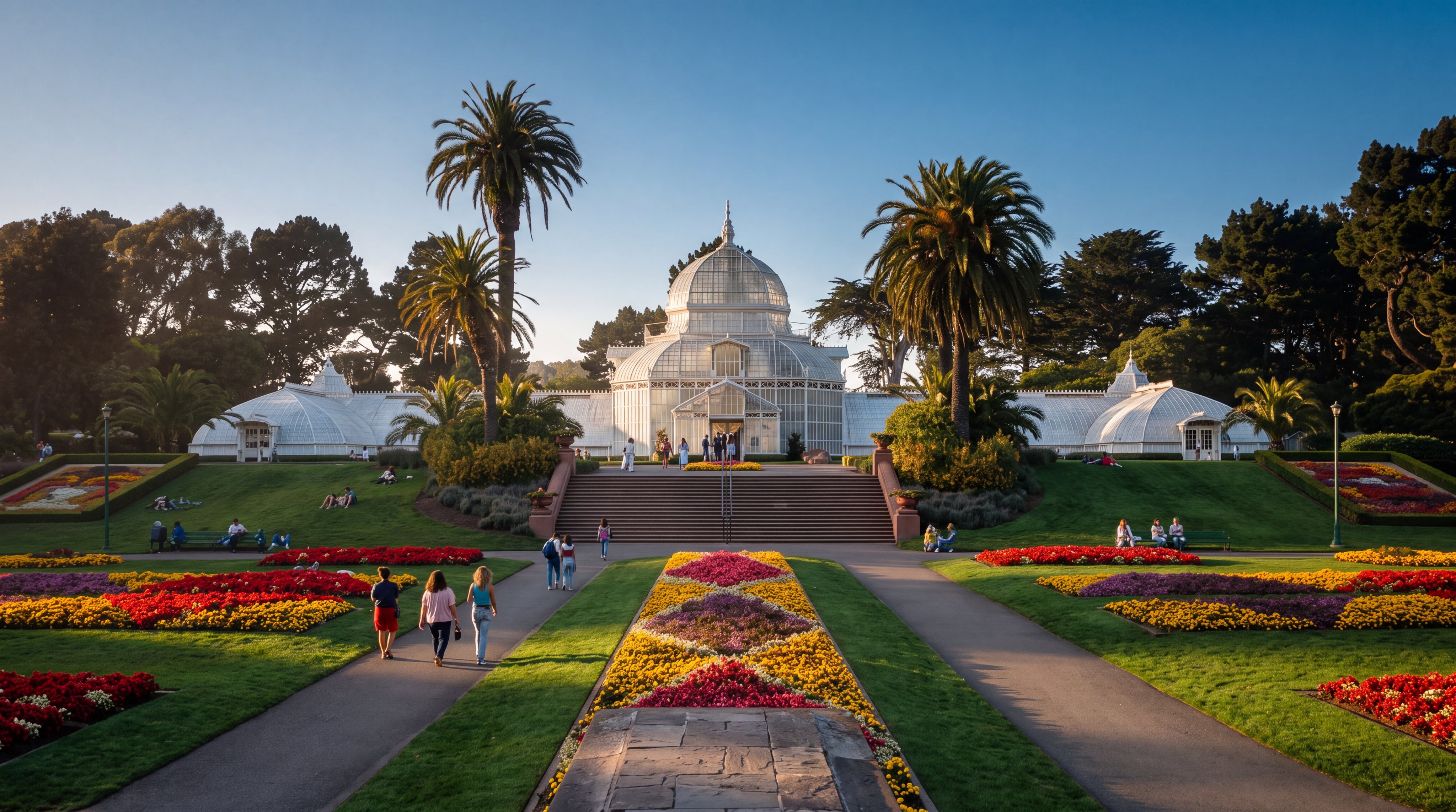 This image features the Conservatory of Flowers, a historic and elegant greenhouse structure surrounded by a meticulously landscaped park. The scene showcases symmetrical flower beds in vibrant colors, a grand staircase leading to the entrance, and mature palm trees, creating a serene and picturesque outdoor environment. The expansive green lawn and well-defined pathways emphasize a high-end, professionally maintained recreational space.