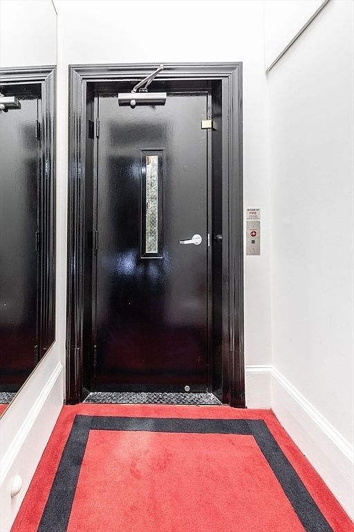 This interior view captures a formal elevator lobby or hallway featuring a striking black door with a central vertical window and a heavy-duty door closer. The floor is covered in a vibrant red carpet with a bold black border, creating a high-contrast aesthetic. To the left, a large mirror reflects the space, while a wall-mounted elevator call panel is positioned to the right of the door.
