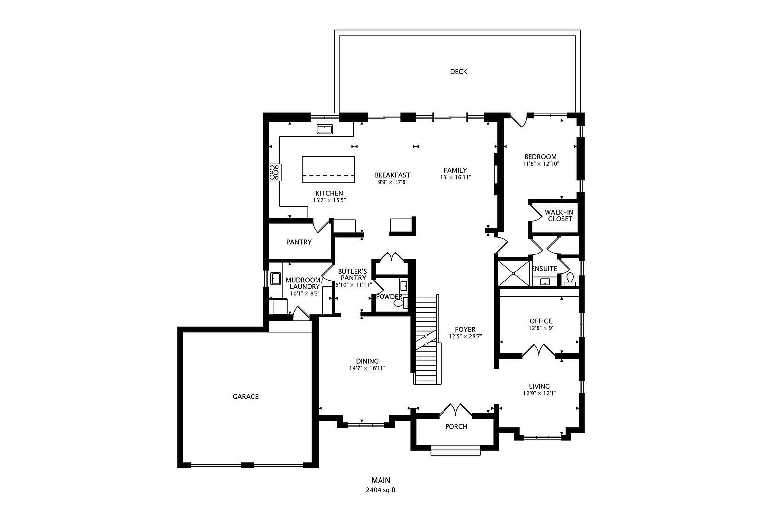 This image showcases a detailed floor plan of a house, outlining the layout of rooms such as the kitchen, living room, bedrooms, and garage. The plan includes dimensions for each room and indicates the flow between different areas, providing a comprehensive overview of the property's structure and spatial arrangement. The floor plan also includes the deck, porch, and pantry.