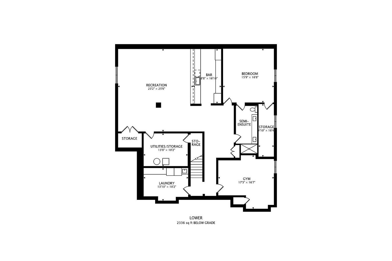 This is a floor plan of a basement, showcasing various rooms including a recreation area, bar, bedroom, gym, laundry room, and storage spaces. The layout indicates a well-organized lower level with designated areas for different activities and utilities. The total area is 2336 sq ft below grade.