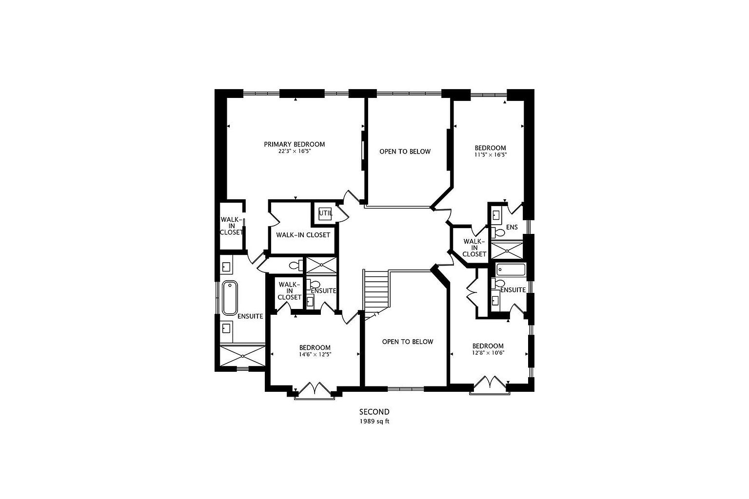 This image presents a detailed floor plan of the second story of a house. It includes multiple bedrooms, each labeled with dimensions, walk-in closets, and ensuite bathrooms. The layout also features an 'open to below' area, indicating a connection to the floor below, and a utility room.