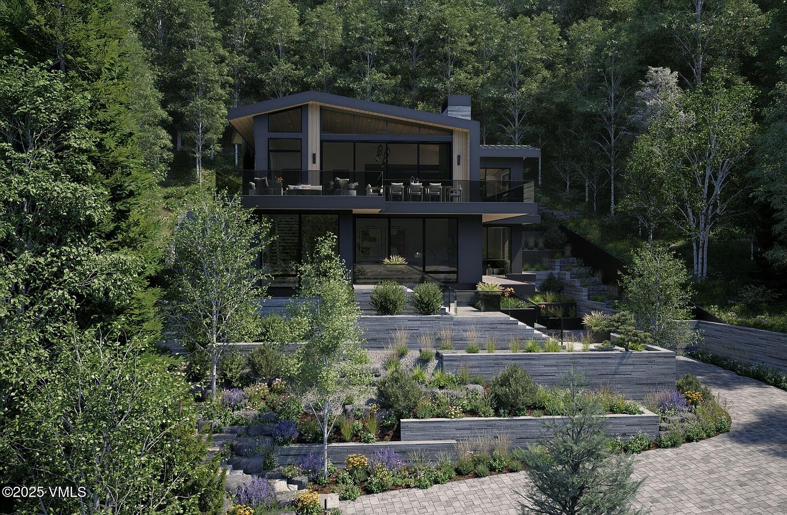This image showcases a modern, multi-level home nestled into a lush hillside. The architecture features clean lines, large windows, and a dark exterior, complemented by tiered landscaping with stone retaining walls and vibrant plantings. The overall impression is one of sophisticated design integrated seamlessly with nature.