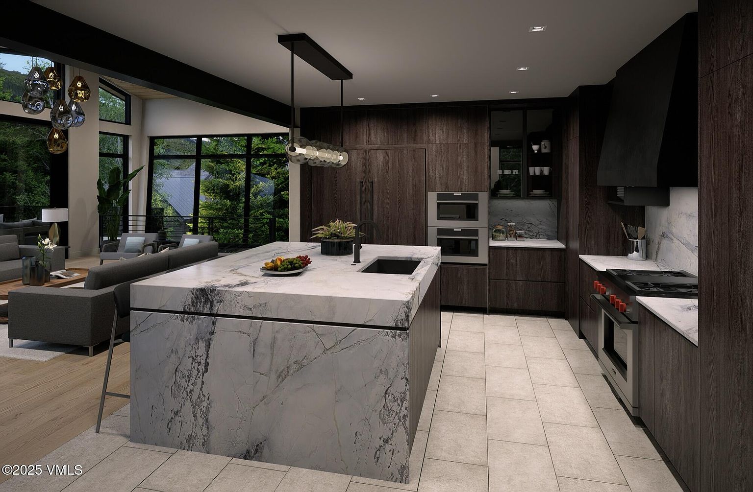 This is a modern kitchen featuring dark wood cabinetry, stainless steel appliances, and a large marble island with a black sink. The kitchen also has a black range hood and a view of the outdoors through large windows. The overall style is sleek and contemporary, with a focus on natural materials and clean lines.