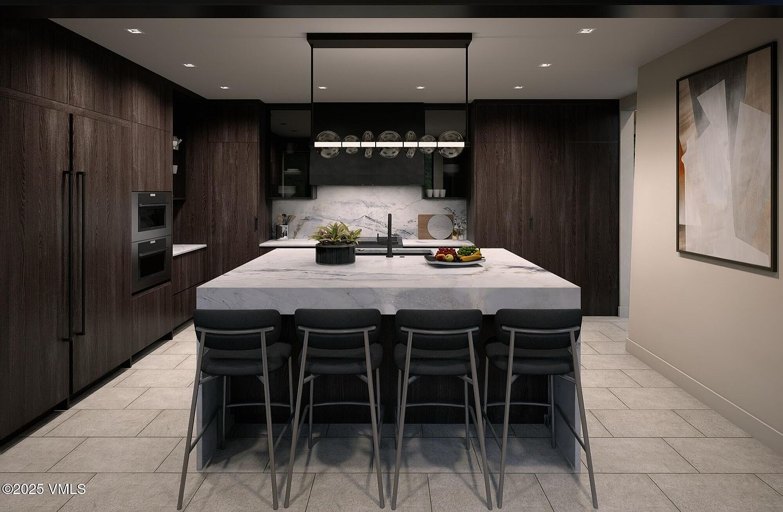 This is a modern kitchen featuring dark wood cabinetry and a large marble island with seating for four. The kitchen is well-lit with a modern linear chandelier above the island and recessed lighting throughout. The overall impression is one of luxury and sophistication, with a focus on clean lines and high-end finishes.