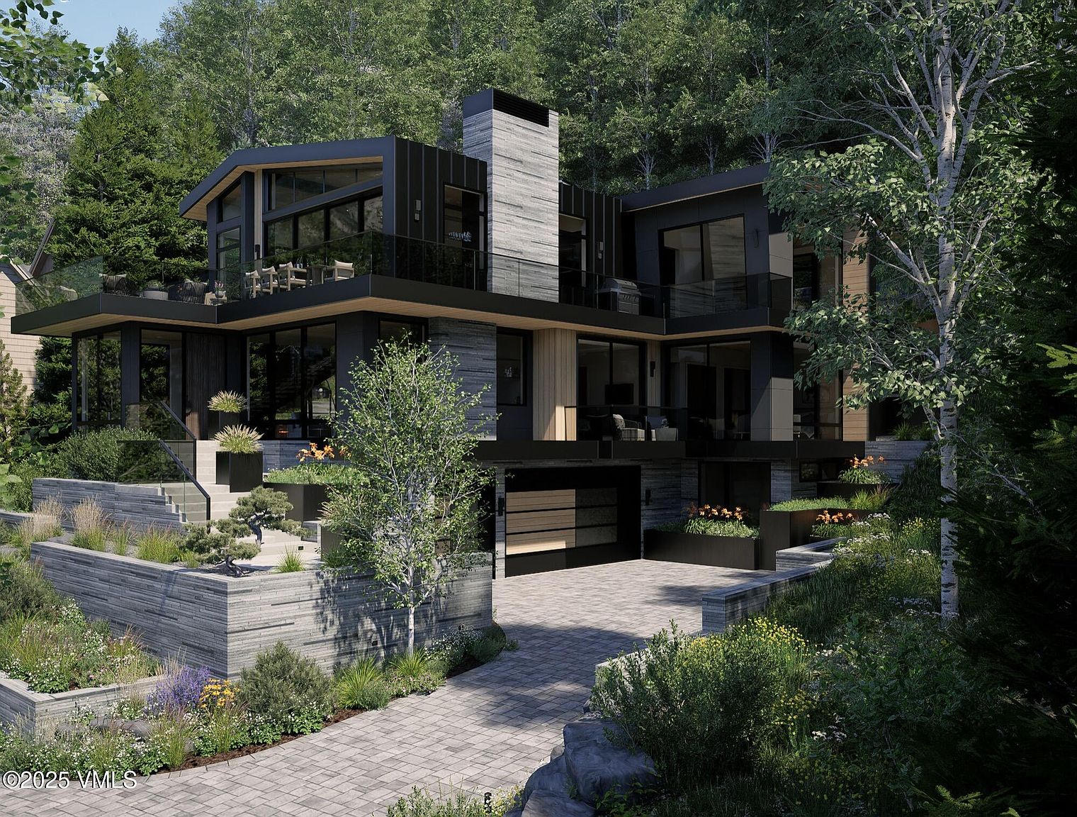 This image showcases the front exterior of a modern, multi-level home nestled in a wooded area. The architectural design features a combination of dark cladding, wood accents, and large glass windows, creating a sleek and contemporary aesthetic. The property includes a well-landscaped front yard with tiered garden beds and a paved driveway leading to a garage, enhancing its curb appeal.