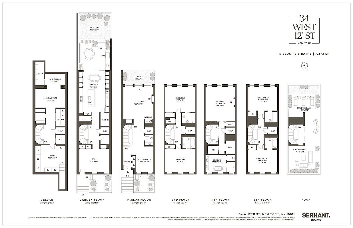 This image is a comprehensive architectural floor plan for a multi-level townhouse located at 34 West 12th Street in New York. It displays the layout for the cellar, garden floor, parlor floor, 3rd, 4th, and 5th floors, as well as the roof terrace, detailing the placement of rooms, stairs, elevators, and outdoor spaces. The clean, technical drawing style provides a clear overview of the property's 5-bedroom, 5.5-bathroom, 7,373-square-foot configuration.