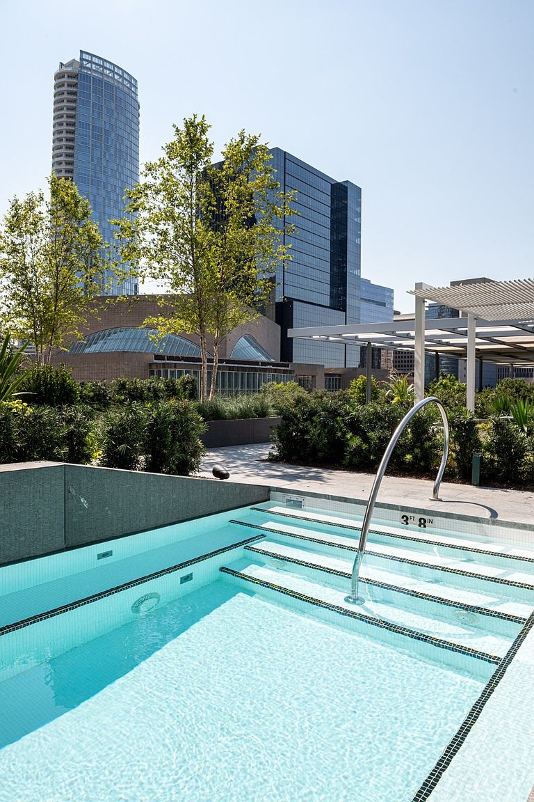 This image captures a bright, modern rooftop pool area featuring a shallow entry with built-in steps and a stainless steel handrail. The pool is surrounded by lush landscaping and a pergola, set against a backdrop of towering glass-clad skyscrapers. The perspective is from the pool deck, looking out toward the urban skyline on a clear, sunny day.