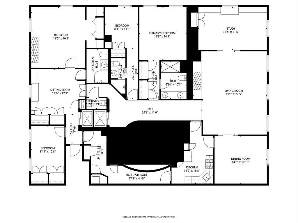 This is a detailed floor plan of a house, showcasing the layout of various rooms including bedrooms, bathrooms, a living room, a dining room, a kitchen, a study, and hallways. The plan includes dimensions for each room, providing a clear understanding of the space and flow within the house. The floor plan is presented in a top-down view, allowing for easy visualization of the entire property's layout.