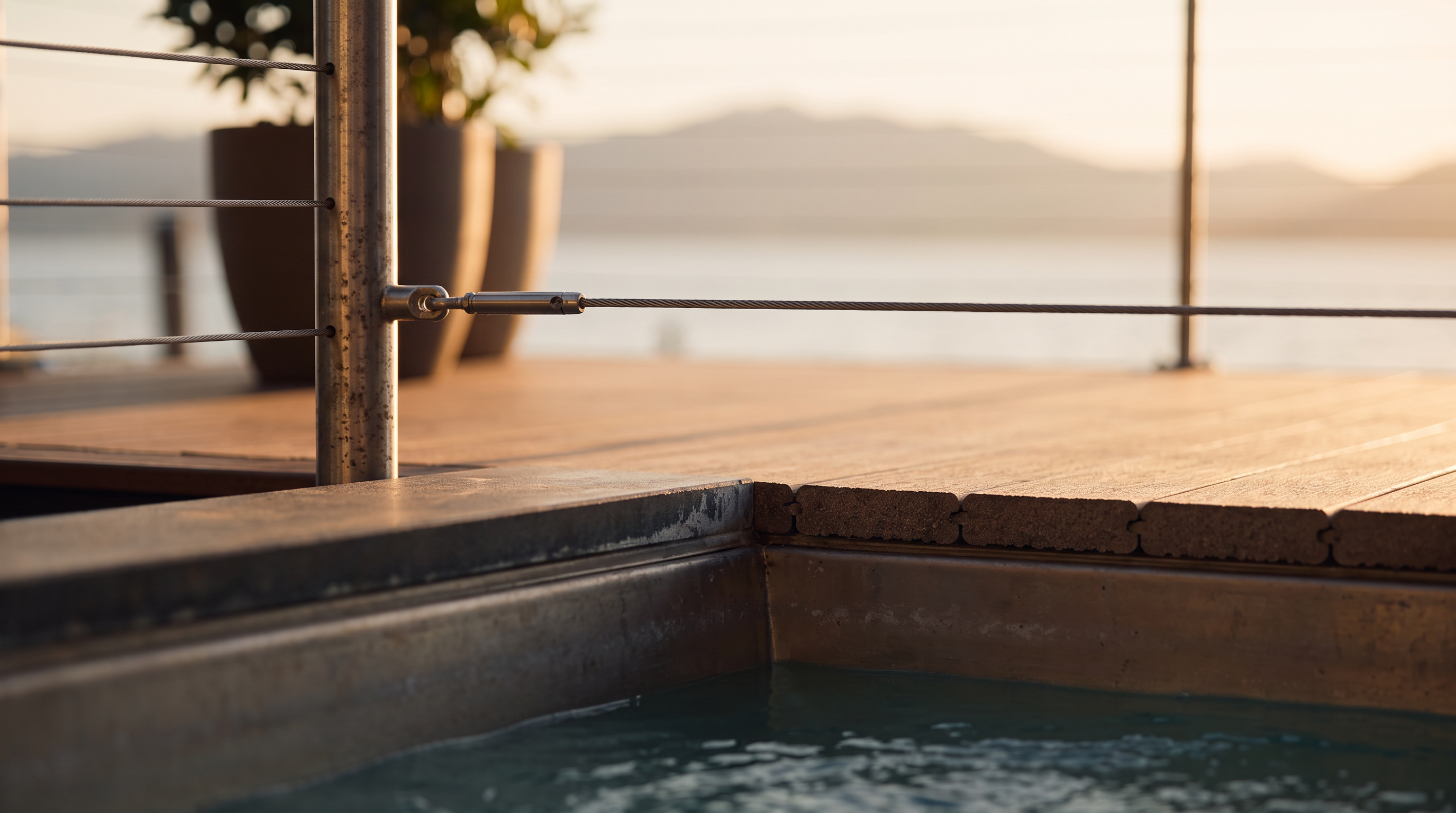 This modern waterfront deck features a built-in spa and a sleek metal railing that overlooks a serene body of water. The exterior of the home is clad in horizontal wood-toned siding, complemented by large windows that reflect the sunset. The space is designed for outdoor relaxation, offering a seamless transition between the contemporary architecture and the natural landscape.
